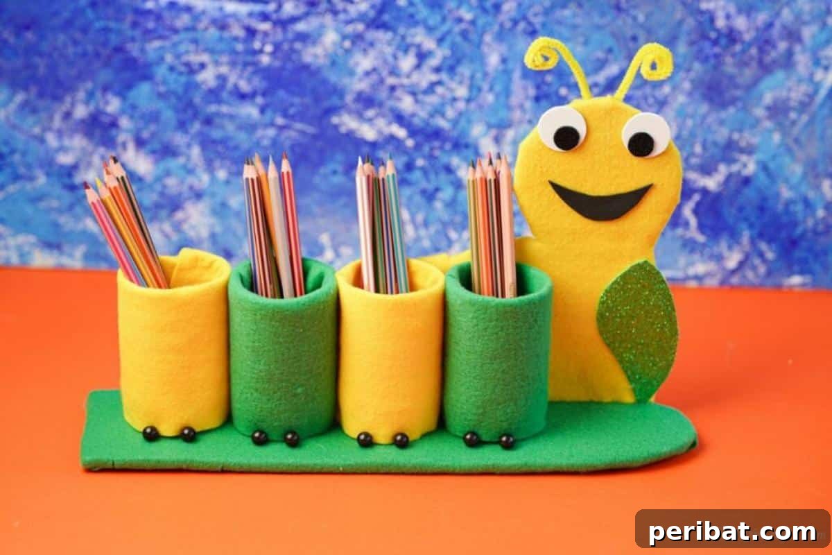 DIY Caterpillar Pencil Holder, an upcycled, creative storage solution for workspaces, kids' areas, or small items.