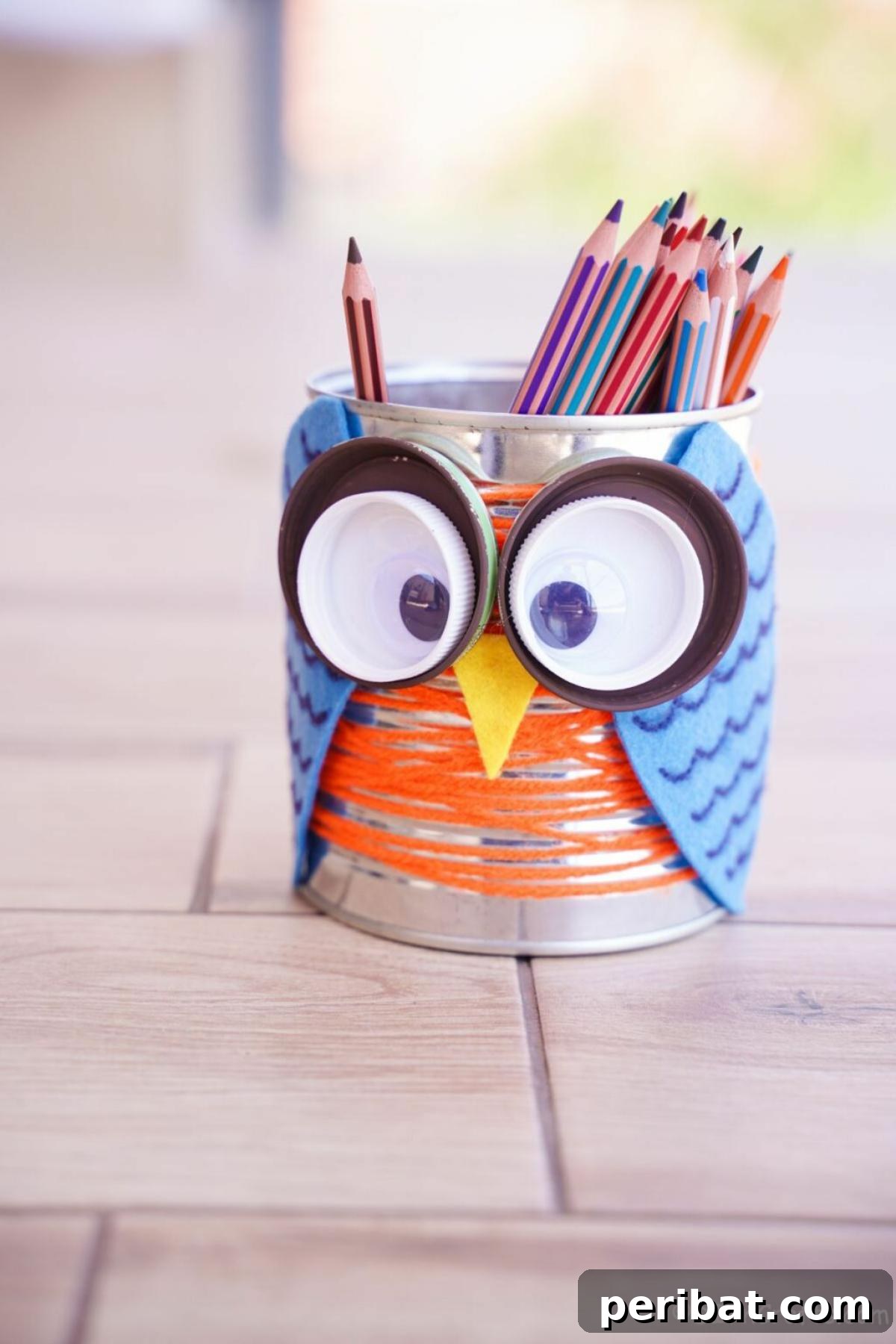 DIY Can Owl Pencil Holder, a whimsical and eco-friendly craft made from a tin can, perfect for gifting or home decor.