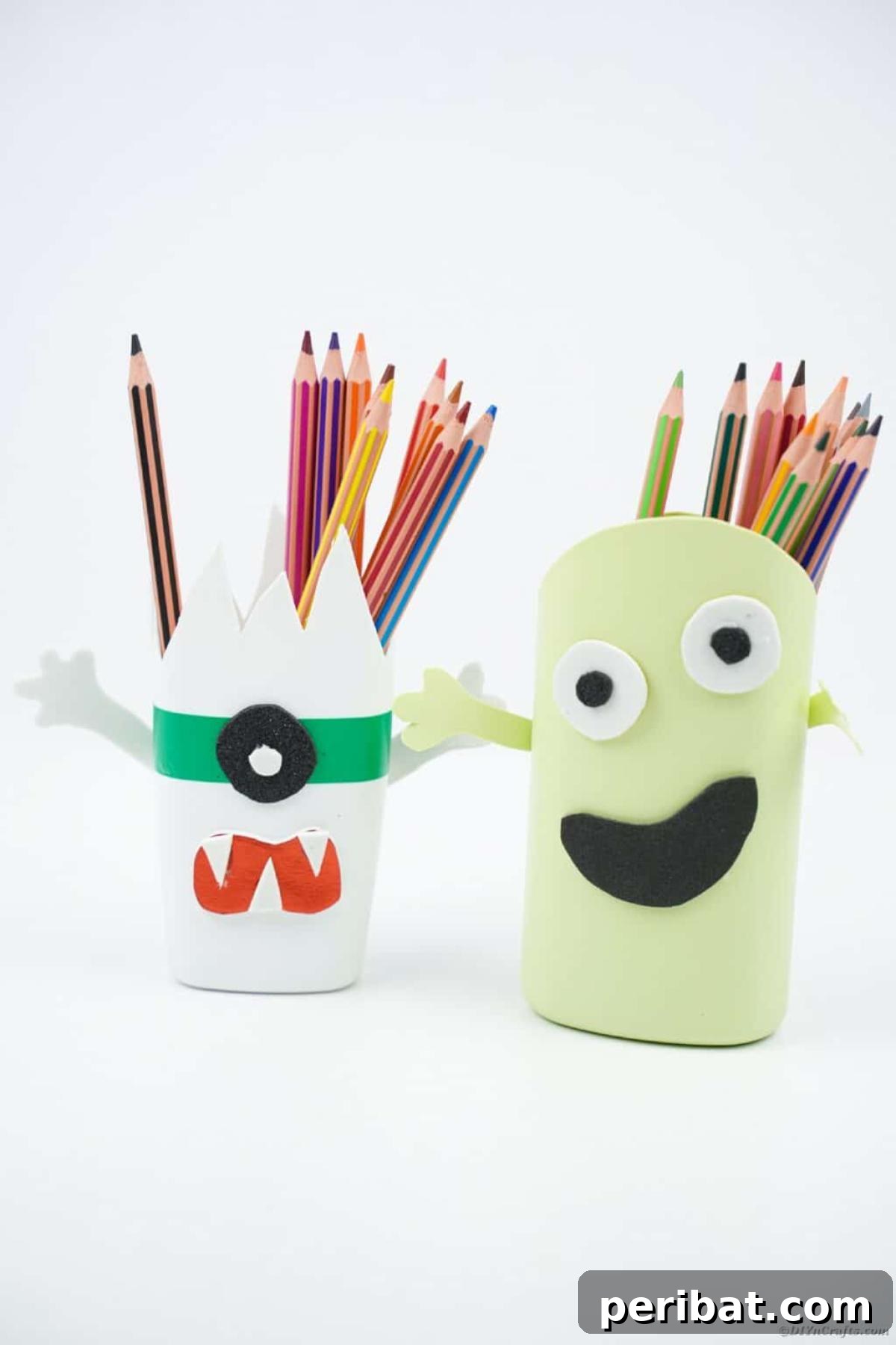 DIY Upcycled Shampoo Bottle Monster Pencil Holders, a creative and spooky way to organize pens and pencils.