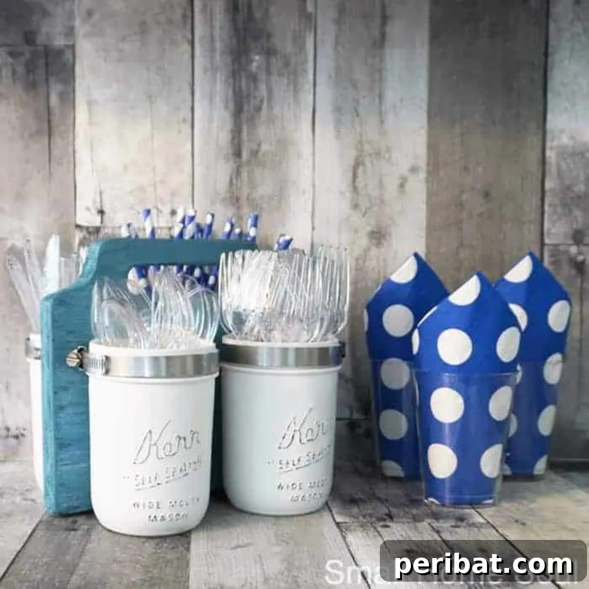 DIY Mason Jar Utensils Caddy, a stylish and practical storage solution for kitchens, parties, and BBQs.