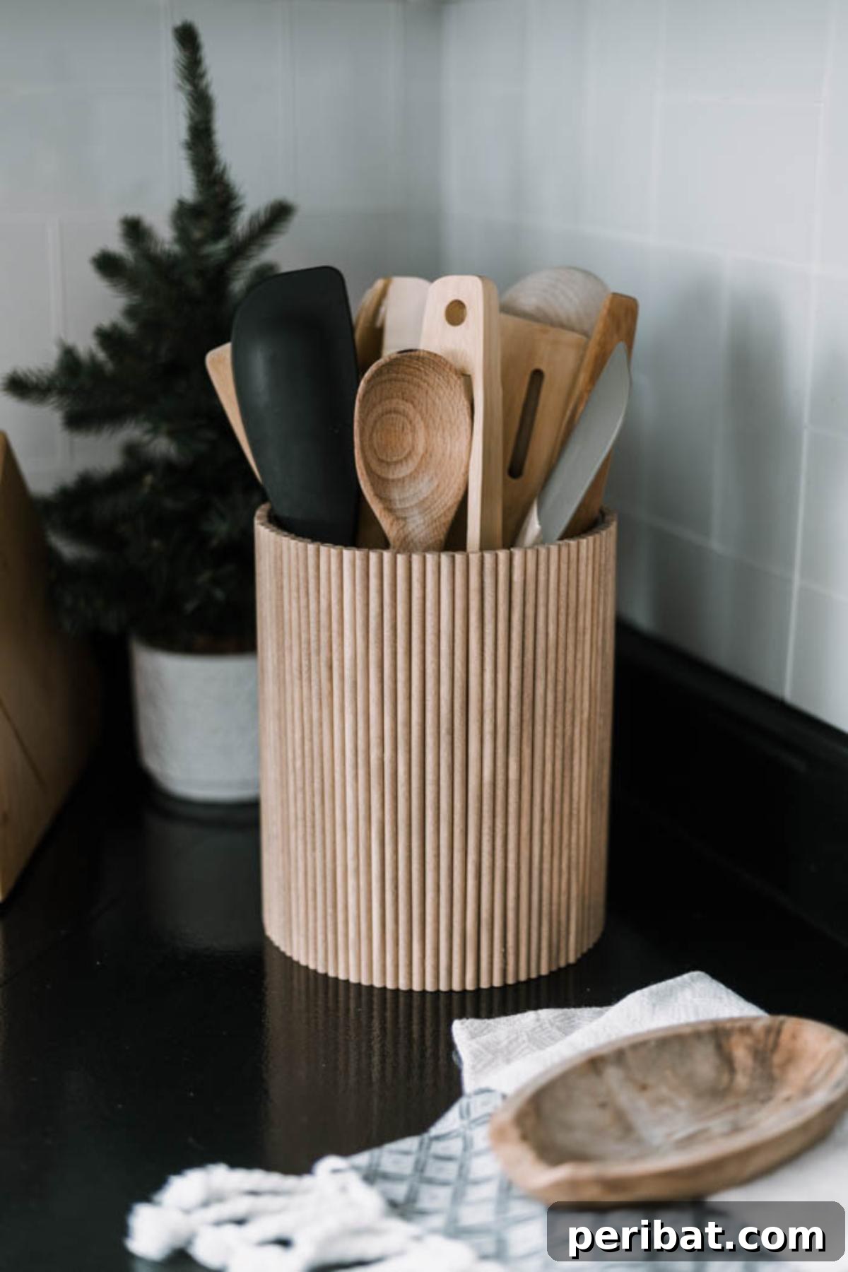 DIY Fluted Utensil Holder, a budget-friendly and contemporary kitchen upgrade for decluttering countertops.