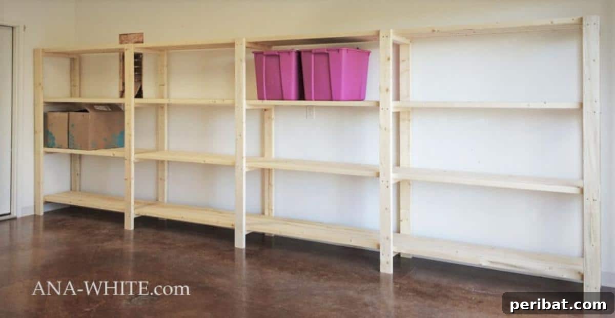 DIY Garage Shed Shelves, illustrating a simple, yet robust freestanding wooden shelving unit offering versatile storage options.