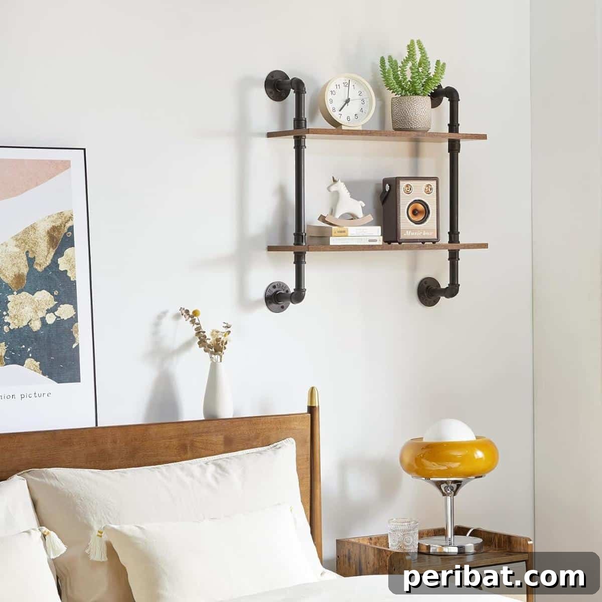 Pipe Shelf Wall Mounted, featuring industrial-style shelving with robust metal pipes as supports and sturdy wooden planks as shelves.
