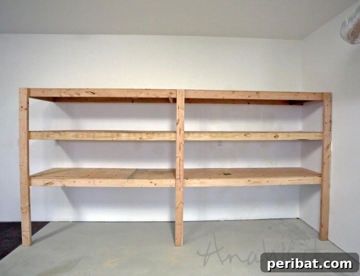 DIY Wall Mounted Garage Shelves, showcasing sturdy wooden shelves securely fastened directly to the wall for maximum stability and weight-bearing capacity.