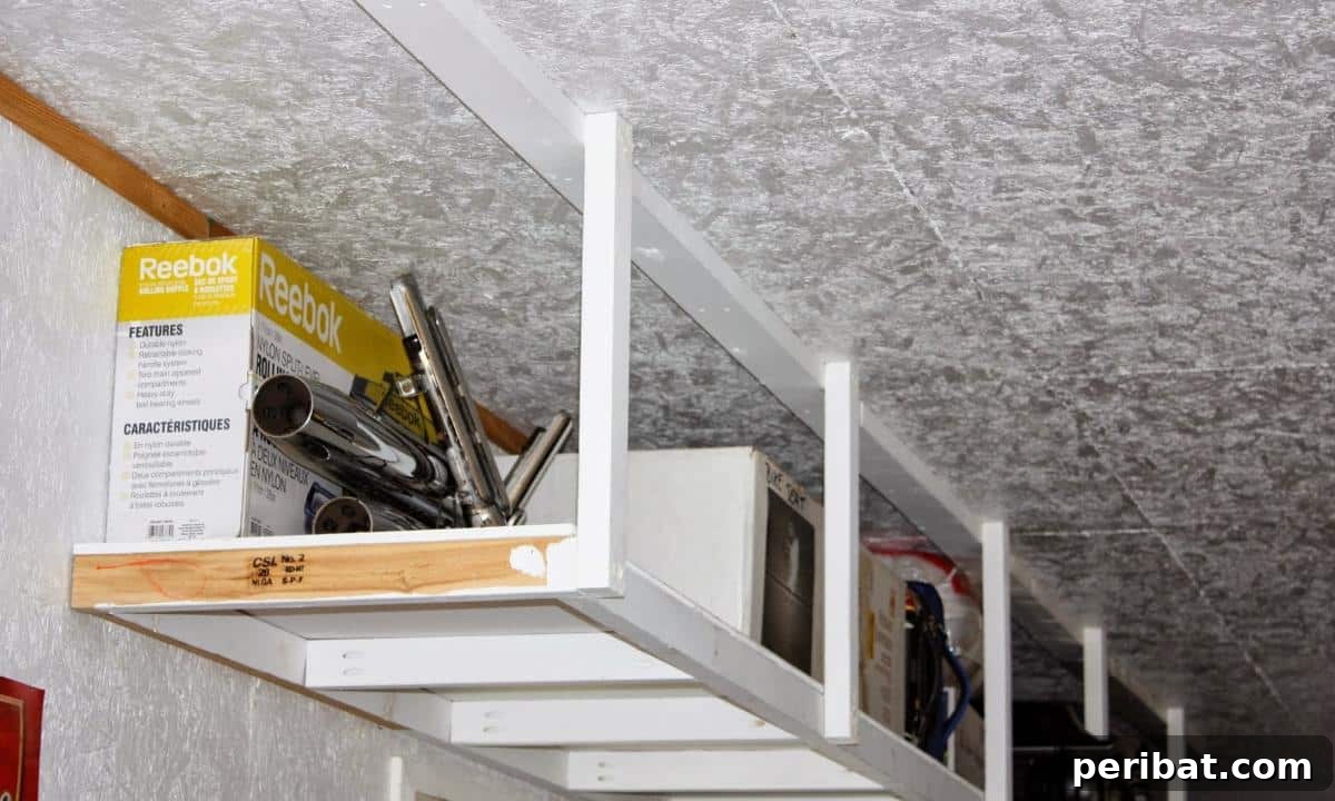 DIY Ceiling Garage Storage, showing robust overhead shelving units suspended from the garage ceiling, holding large storage bins.