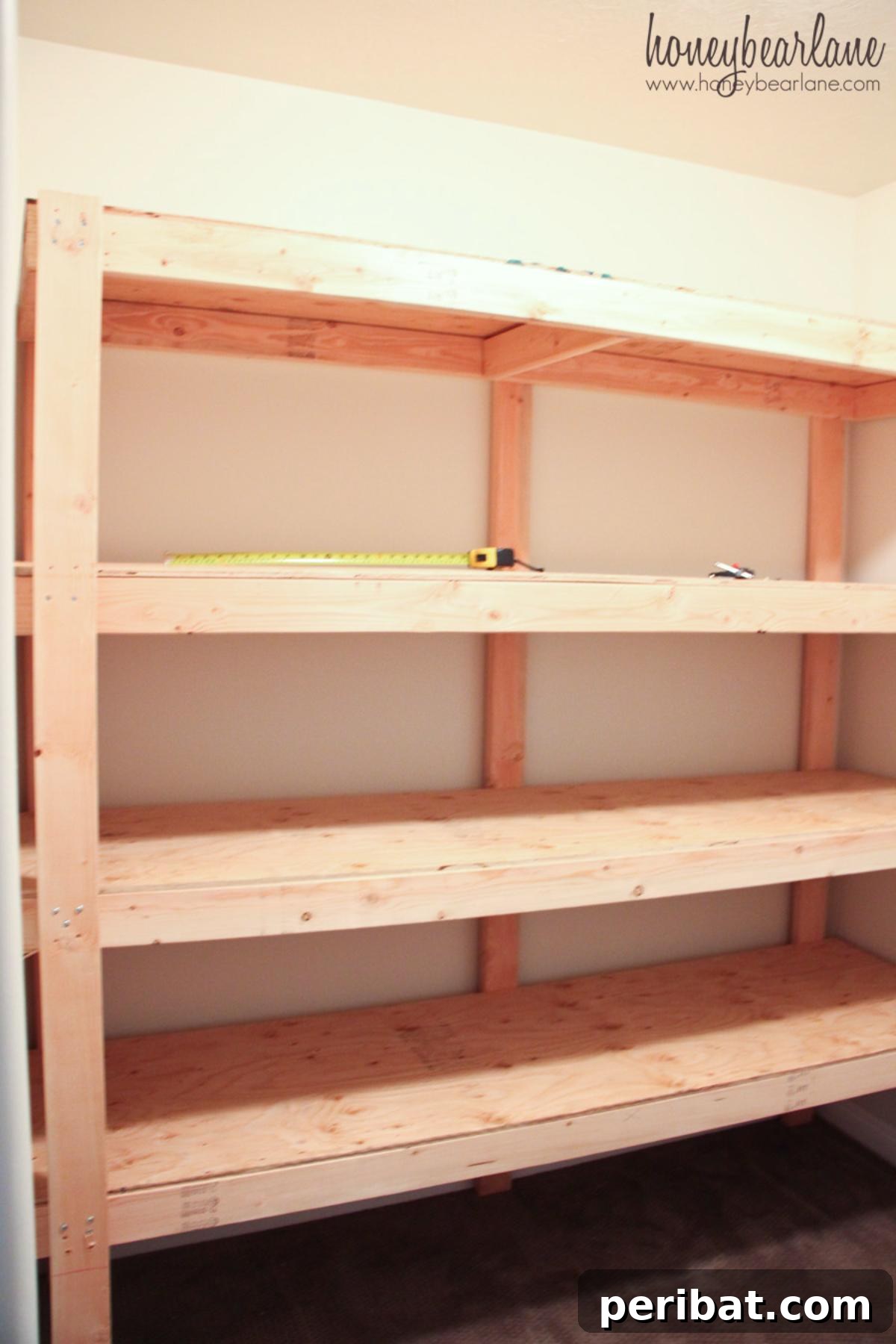 DIY Standing Heavy Duty Shelves, showing robust, tall wooden shelves built from 2x4s and plywood, loaded with various heavy items.