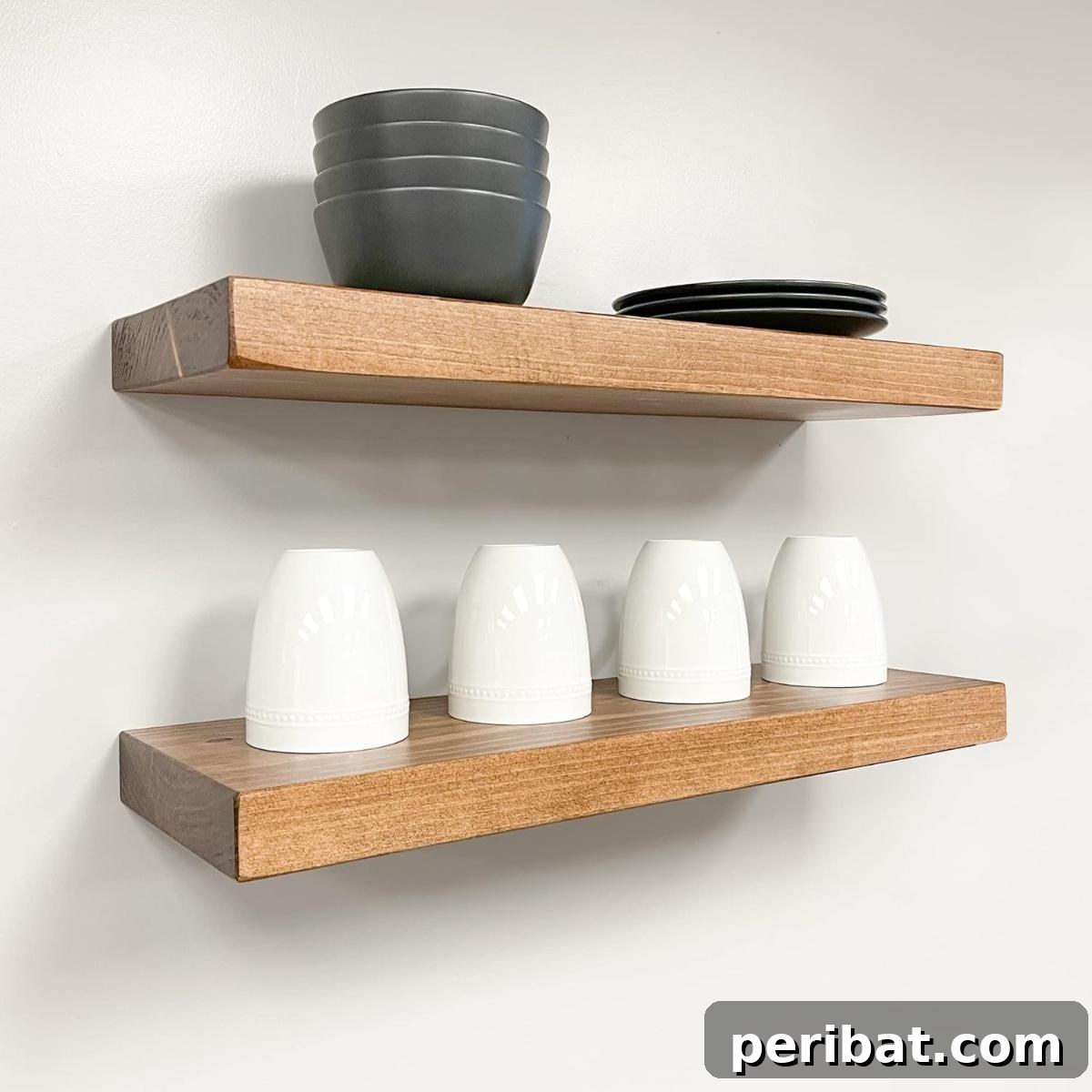 Wall Mounted Rustic Floating Shelves, showcasing a set of thick wooden shelves with a natural, rustic finish, seamlessly floating on the wall.
