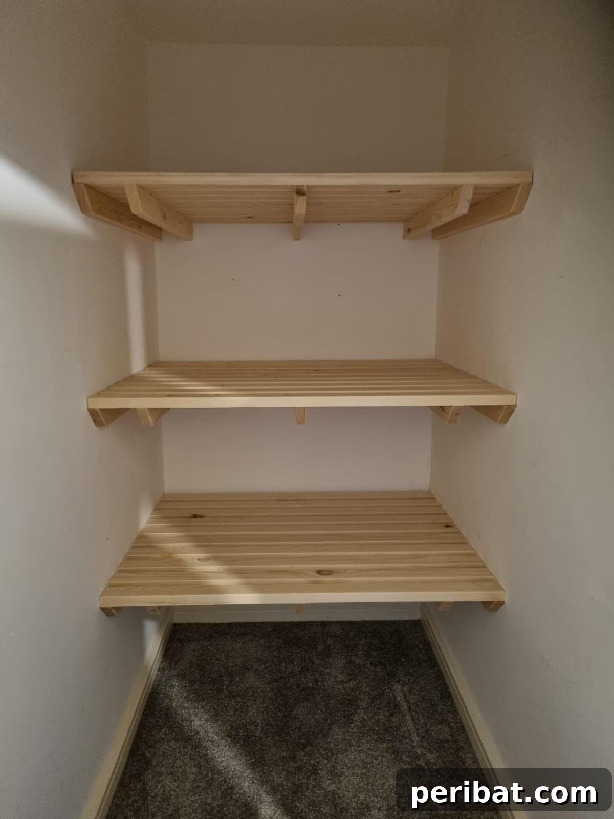 Wooden Slatted Shelves, featuring a multi-tiered shelving unit made with horizontal wooden slats, ideal for promoting air circulation.