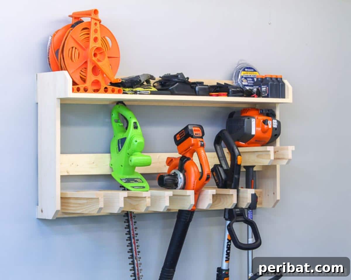 DIY Wall-Mounted Yard Tool Rack Shed, showing various garden tools neatly hung on a wooden rack with a shelf above for additional storage.