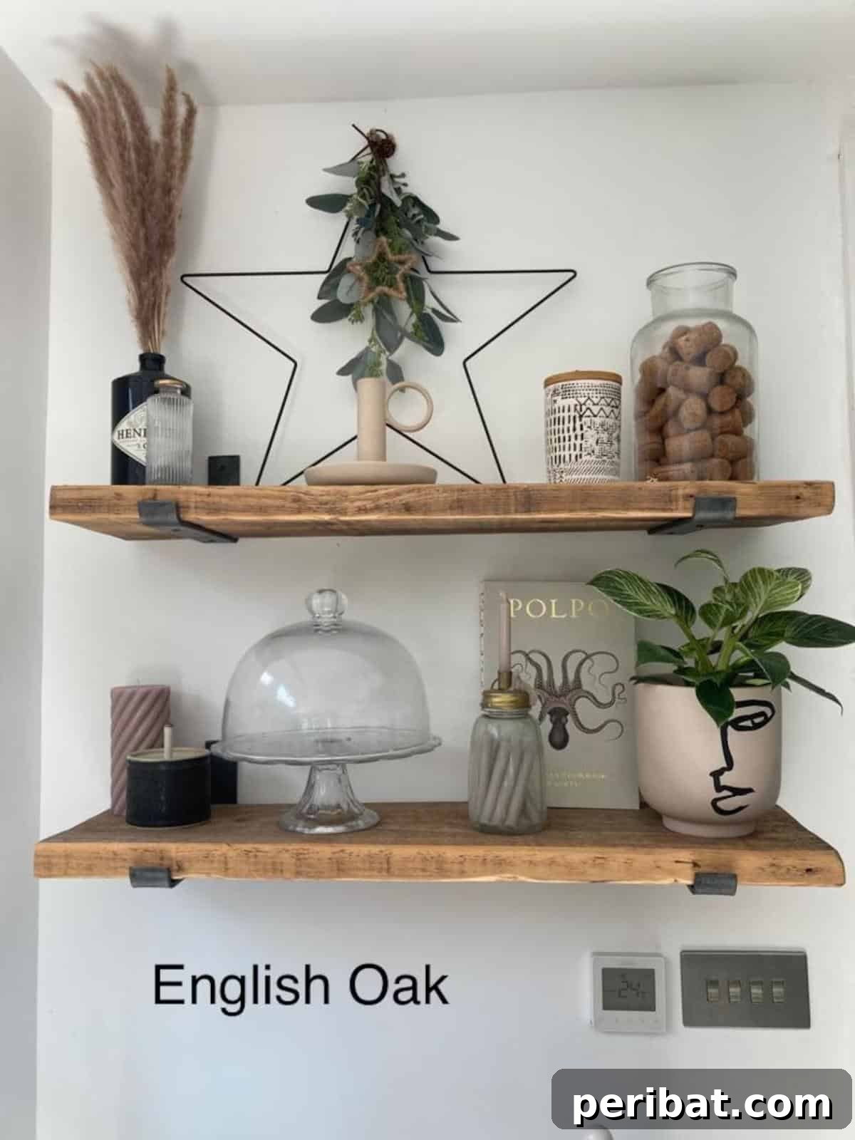 Reclaimed Metal Brackets for Rustic Wooden Shelves, showing a thick, rustic wooden shelf supported by decorative, heavy-duty metal brackets, combining durability with aesthetic appeal.