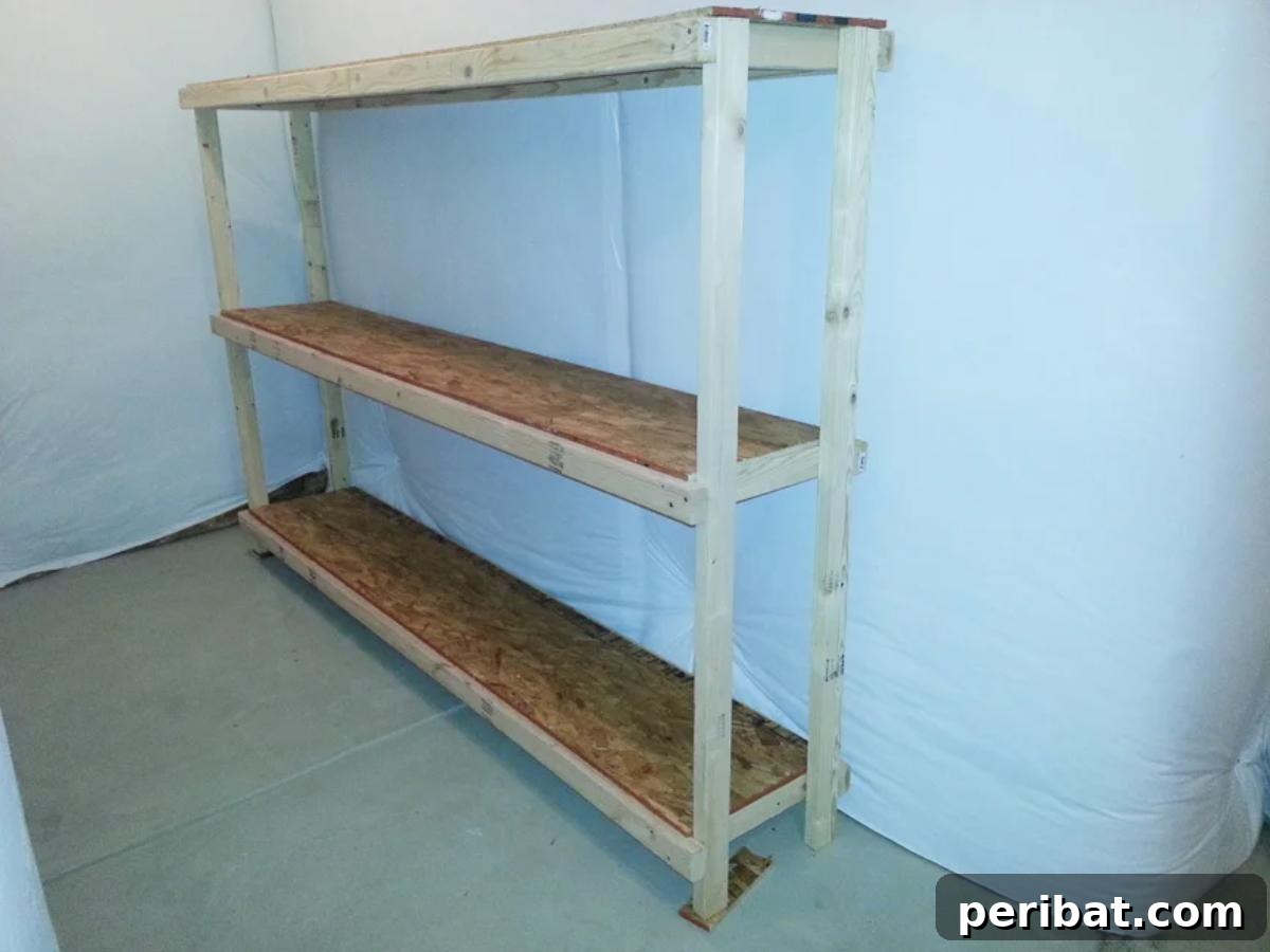 DIY Basement Shelves, showing a massive, sturdy wooden shelving unit spanning a long wall, filled with numerous storage boxes and supplies.