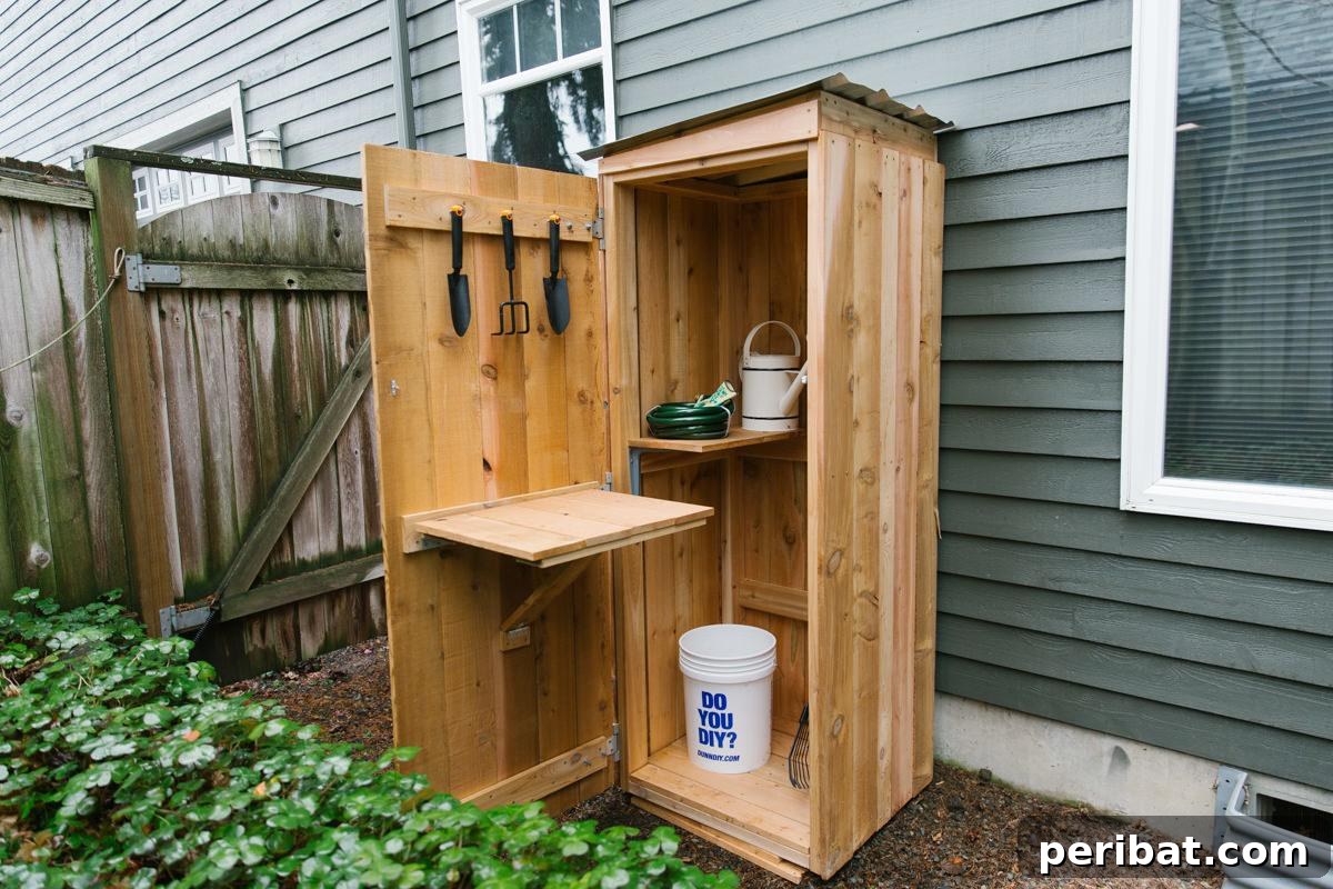 DIY Storage Shed for Garden, showing a small, purpose-built wooden shed with internal shelving and hooks specifically designed for garden tools and supplies.