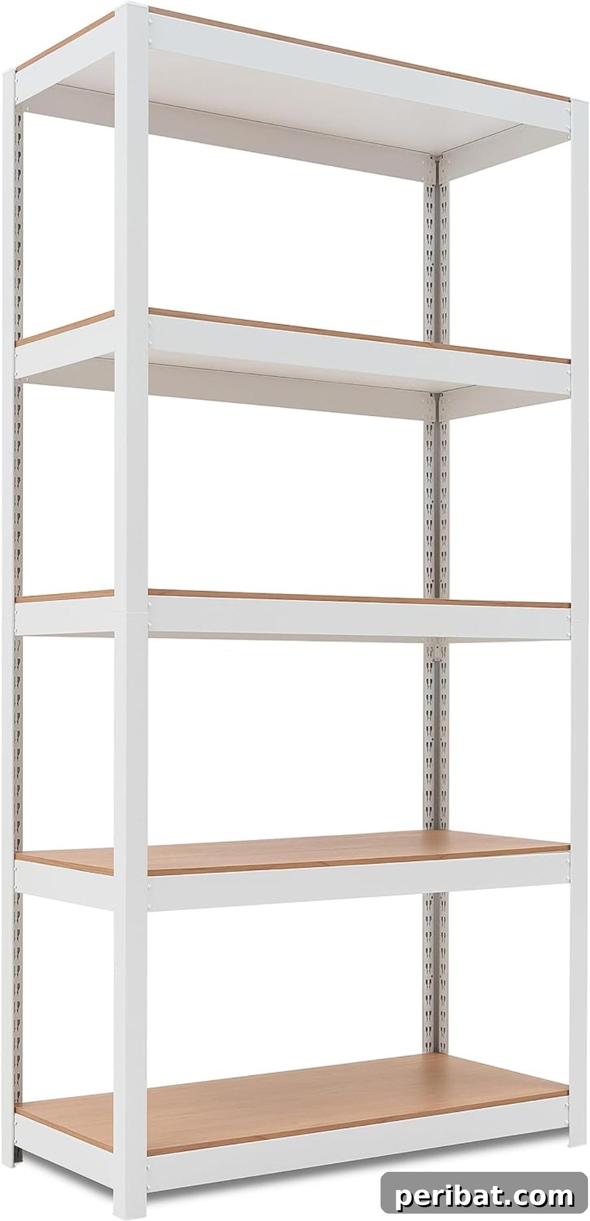 Adjustable Wooden Shelves, showing a metal frame shelving unit with wooden planks that can be easily repositioned at different heights, demonstrating versatility.