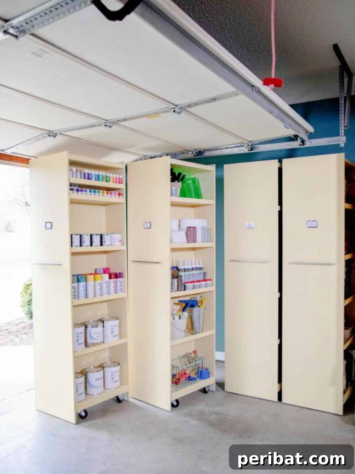 DIY Storage Shelves Rolling Garage, showing a tall, sturdy shelving unit on heavy-duty wheels, making it portable for versatile garage or shed use.