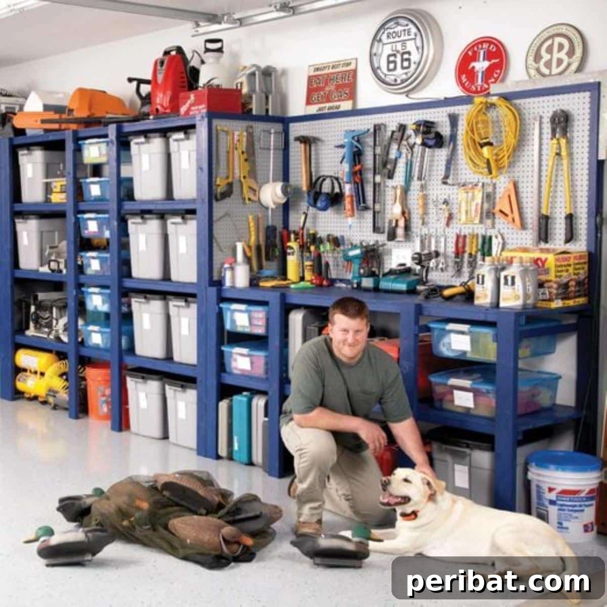 DIY Sliding Bins Garage Storage Wall, showing a system of organized bins mounted on tracks, allowing them to slide in and out for easy access to small parts.