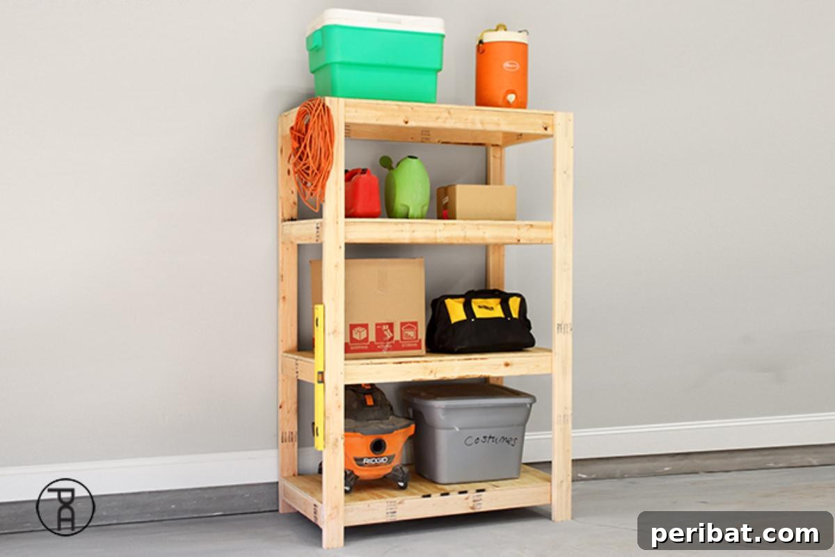 DIY Garage Shelves, featuring sturdy wooden shelves efficiently filled with storage bins, tools, and household items.
