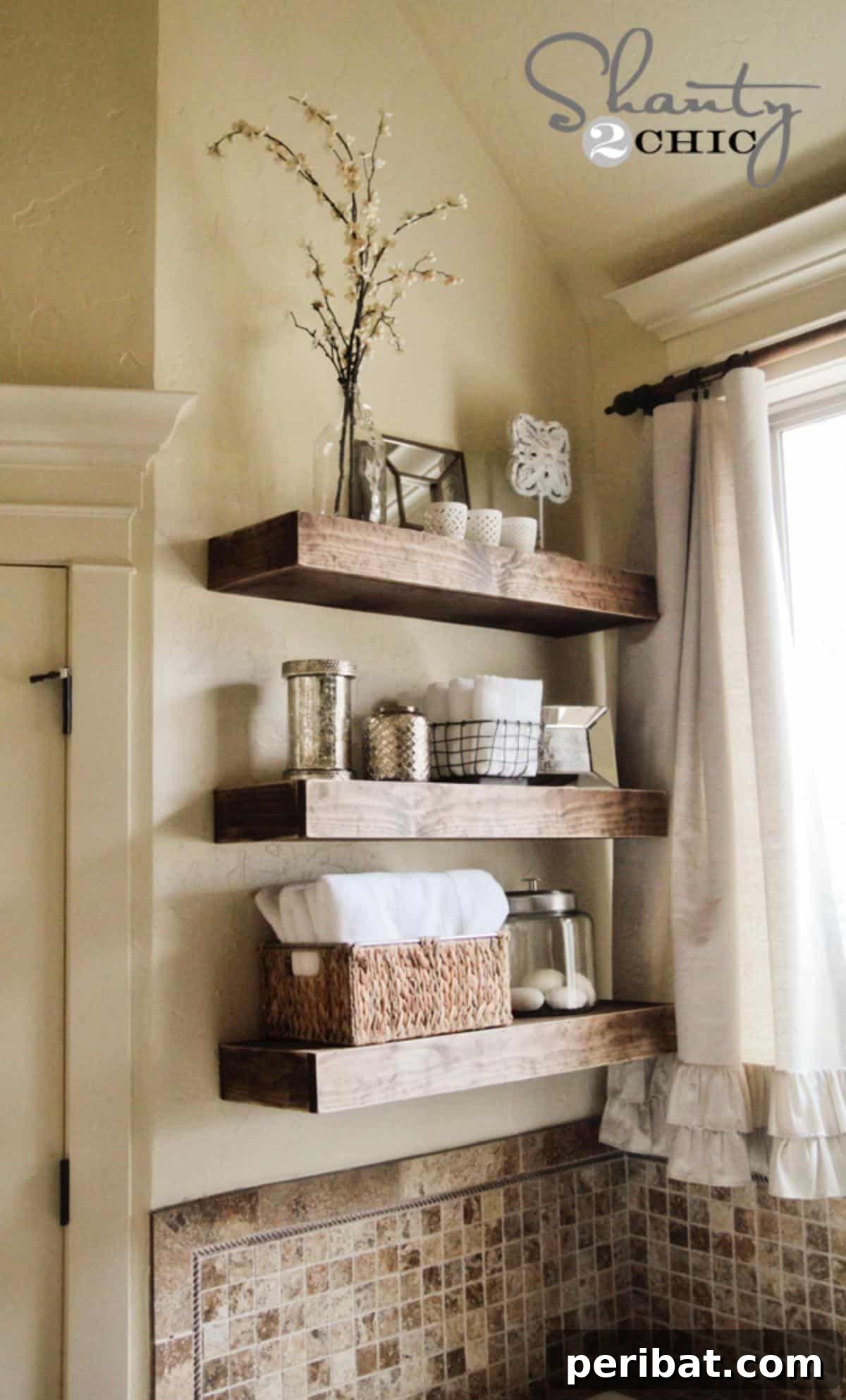 DIY Floating Shelves, showcasing thick, sturdy wooden shelves mounted flush against a wall without visible supports, creating a modern look.