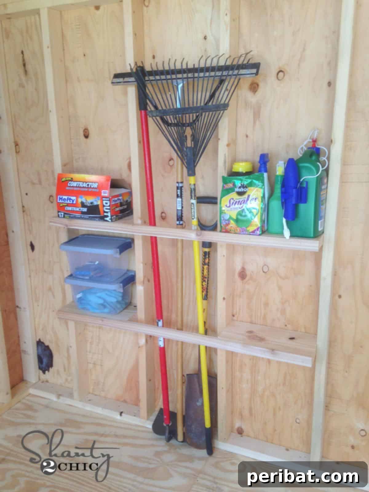Shed Woodtex DIY Idea, showcasing robust wooden shelves built into a shed, neatly organized with various tools and supplies.