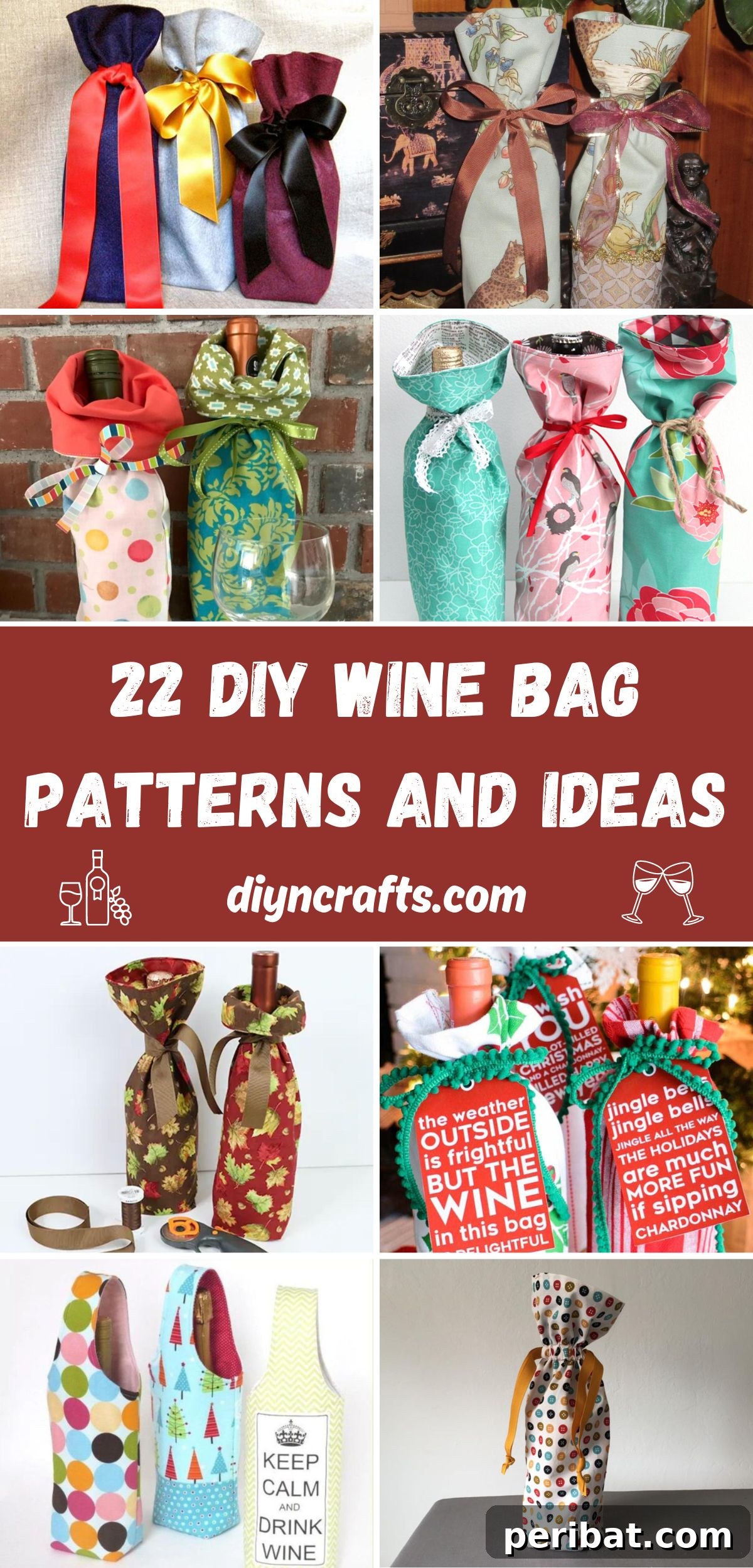 22 Creative DIY Wine Gift Bags 2 22 DIY Wine Bag Patterns and Ideas collage showcasing various handmade wine bags made from fabric, felt, burlap, and leather.