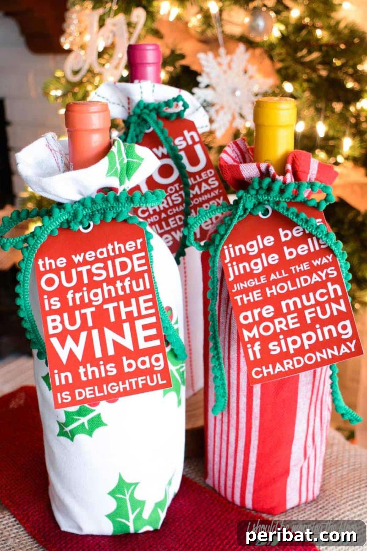 22 Creative DIY Wine Gift Bags 9 DIY Reusable Wine Bags From Holiday Kitchen Towels - festive and unique wine gift idea.