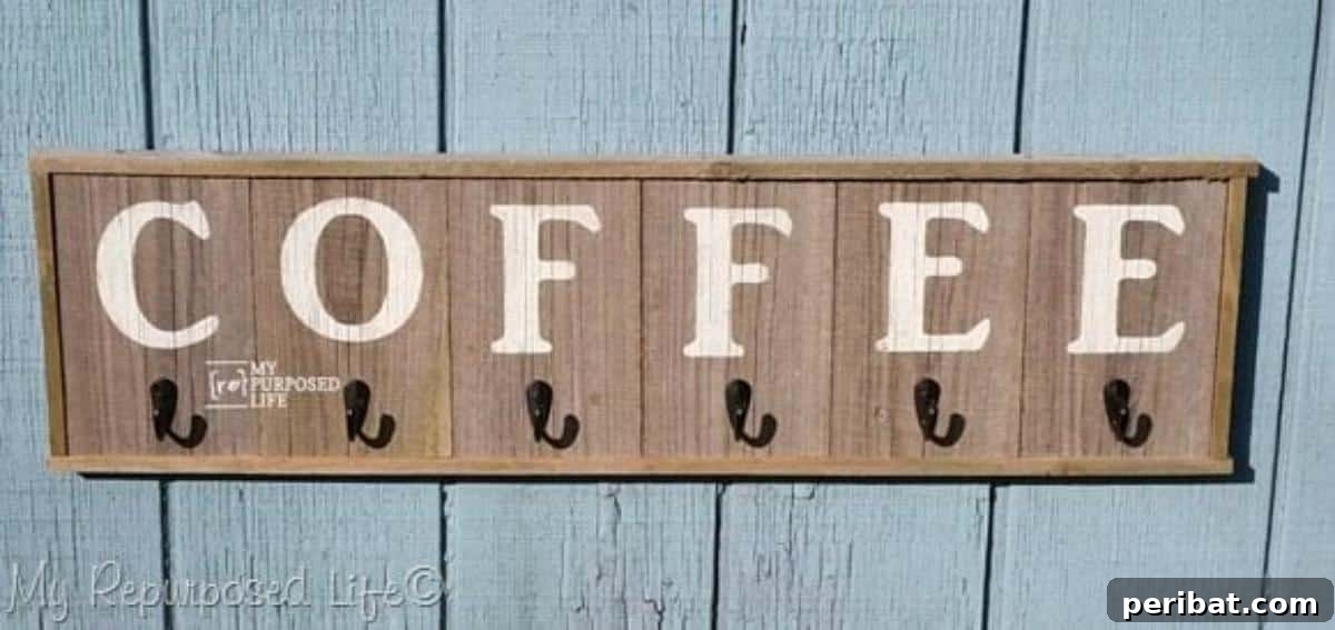 21 Homemade Coffee Nook Signs to Personalize Your Kitchen 16 DIY Rustic Coffee Sign Mug Holder, combining storage and decorative elements.