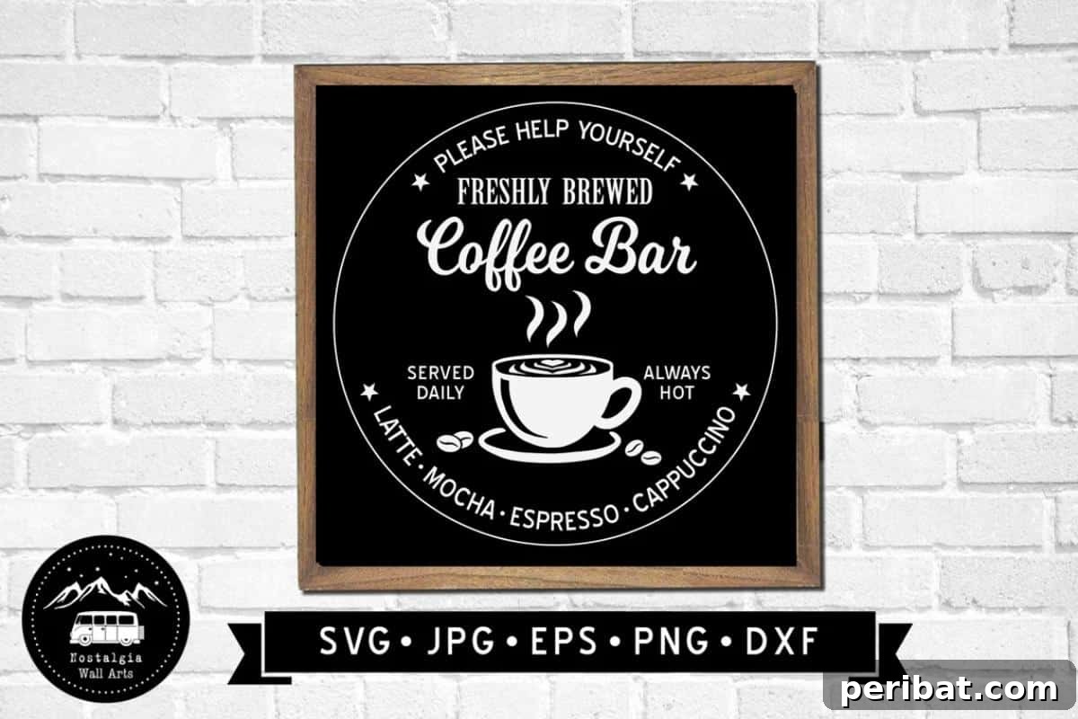 21 Homemade Coffee Nook Signs to Personalize Your Kitchen 18 Freshly Brewed Coffee Bar Farmhouse Sign, a round SVG design for Cricut users.