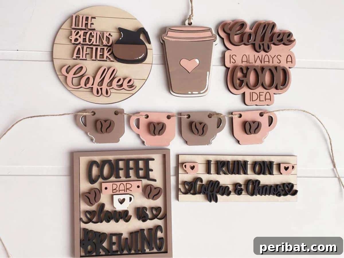 21 Homemade Coffee Nook Signs to Personalize Your Kitchen 19 Laser Cut Coffee Bar Tier Tray Set, a DIY craft for organized and elegant coffee stations.