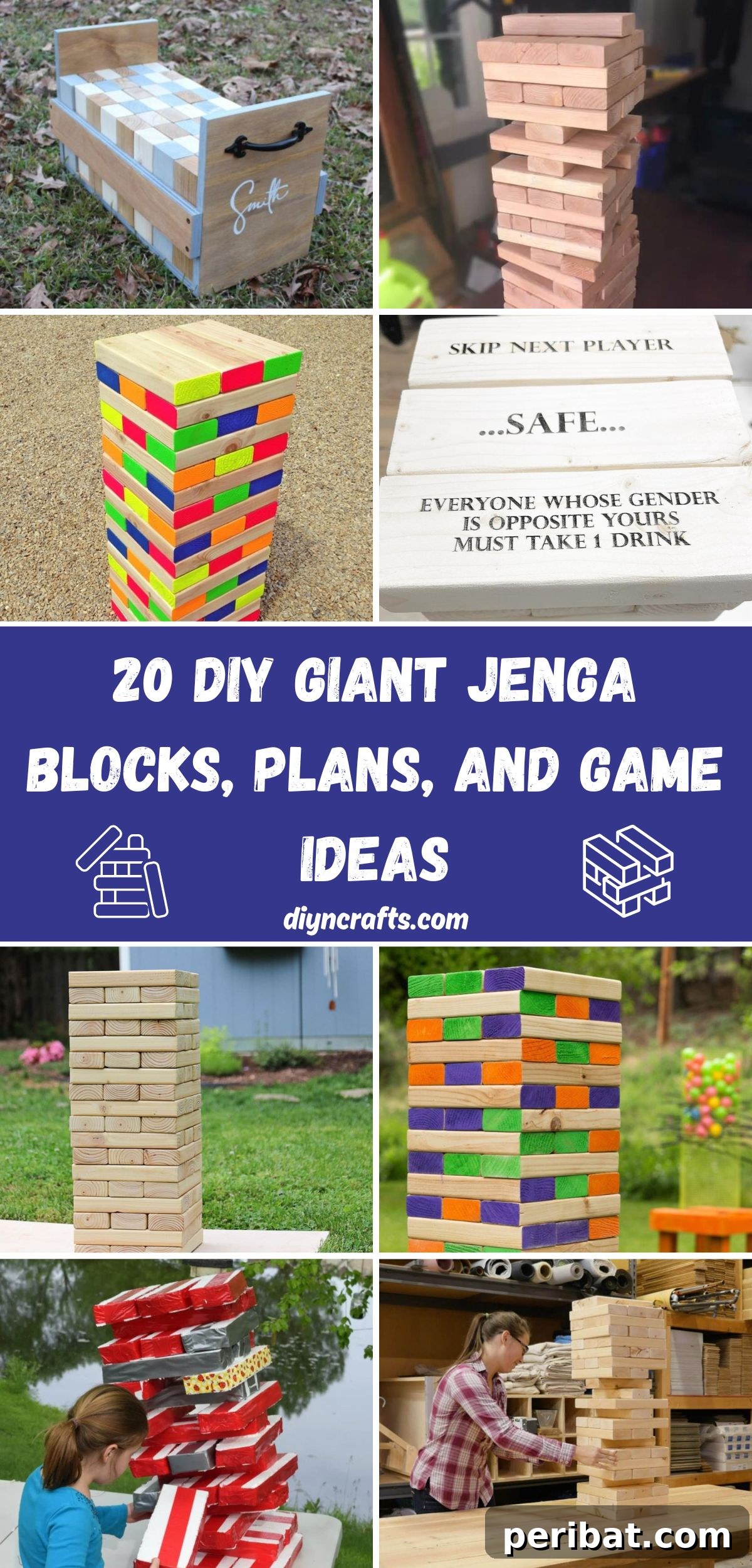 Create Your Own Giant Jenga: 20 DIY Blocks, Plans, and Exciting Game Ideas 2 A vibrant collage showcasing 20 unique DIY Giant Jenga Blocks, along with various plans and creative game ideas suitable for outdoor fun.