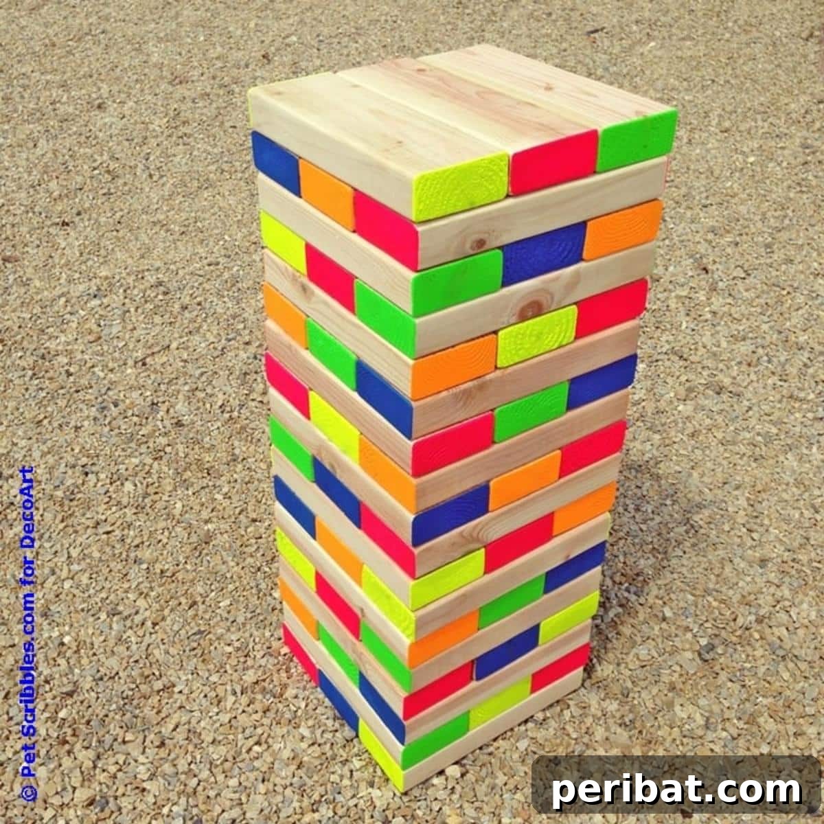 Create Your Own Giant Jenga: 20 DIY Blocks, Plans, and Exciting Game Ideas 11 A vibrant Colorful Outdoor DIY Giant Jenga Game, featuring blocks painted in various bright hues, perfect for lively gatherings.