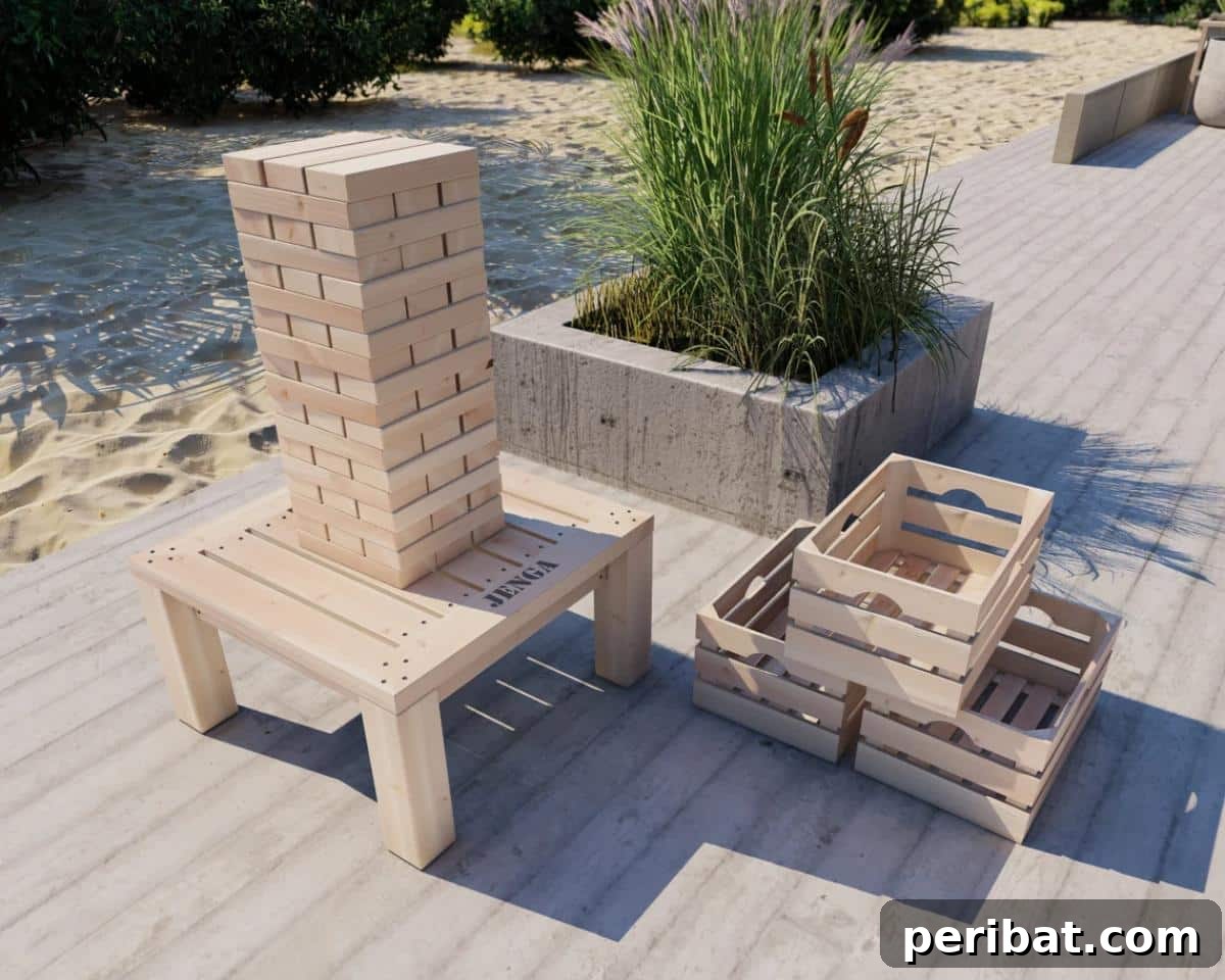 Create Your Own Giant Jenga: 20 DIY Blocks, Plans, and Exciting Game Ideas 17 Detailed DIY plans for a Giant Wood Toppling Tower, showcasing an integrated table for enhanced play and convenience.