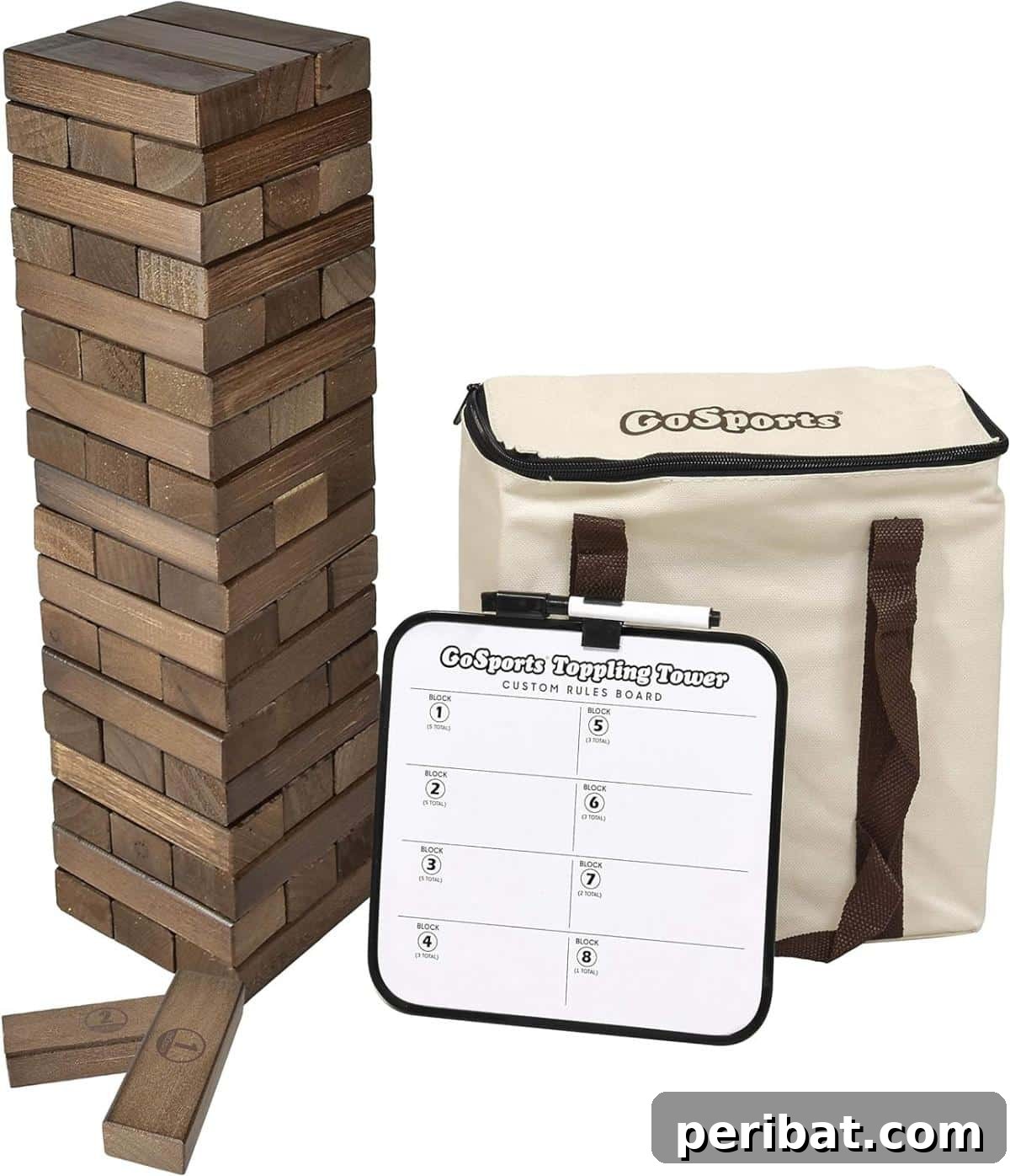 Create Your Own Giant Jenga: 20 DIY Blocks, Plans, and Exciting Game Ideas 22 A 3ft tall wooden toppling tower game, stained for a premium look, complete with bonus rules and a dry-erase gameboard.