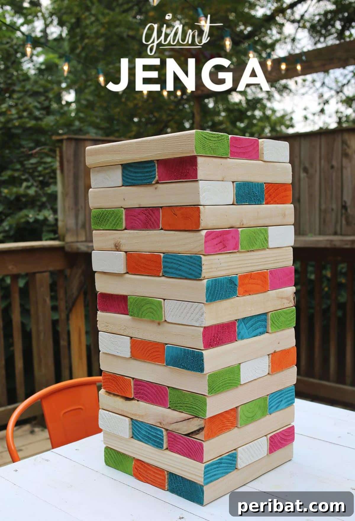 Create Your Own Giant Jenga: 20 DIY Blocks, Plans, and Exciting Game Ideas 4 A vibrant DIY Painted Giant Jenga game, featuring blocks with brightly colored ends, enhancing any outdoor setting.