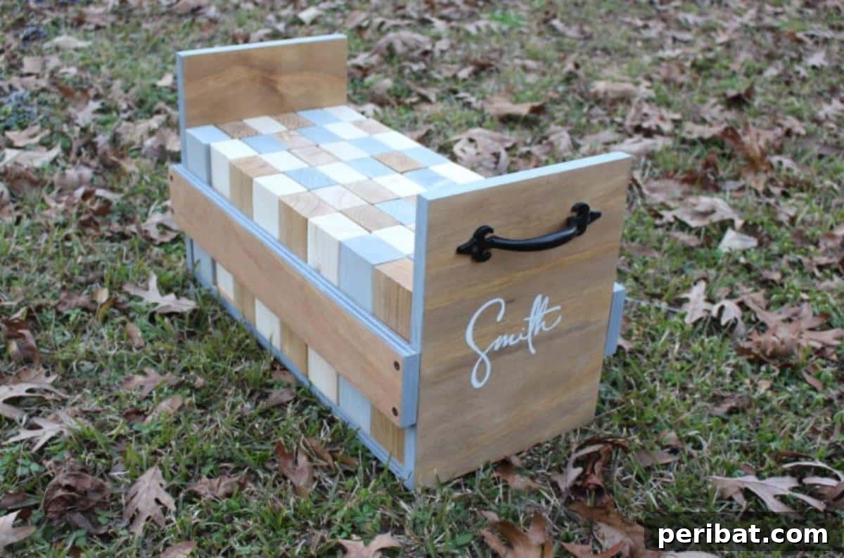 Create Your Own Giant Jenga: 20 DIY Blocks, Plans, and Exciting Game Ideas 8 A beautifully crafted DIY Giant Jenga-like yard game, featuring decorative blocks and a custom carrying case.