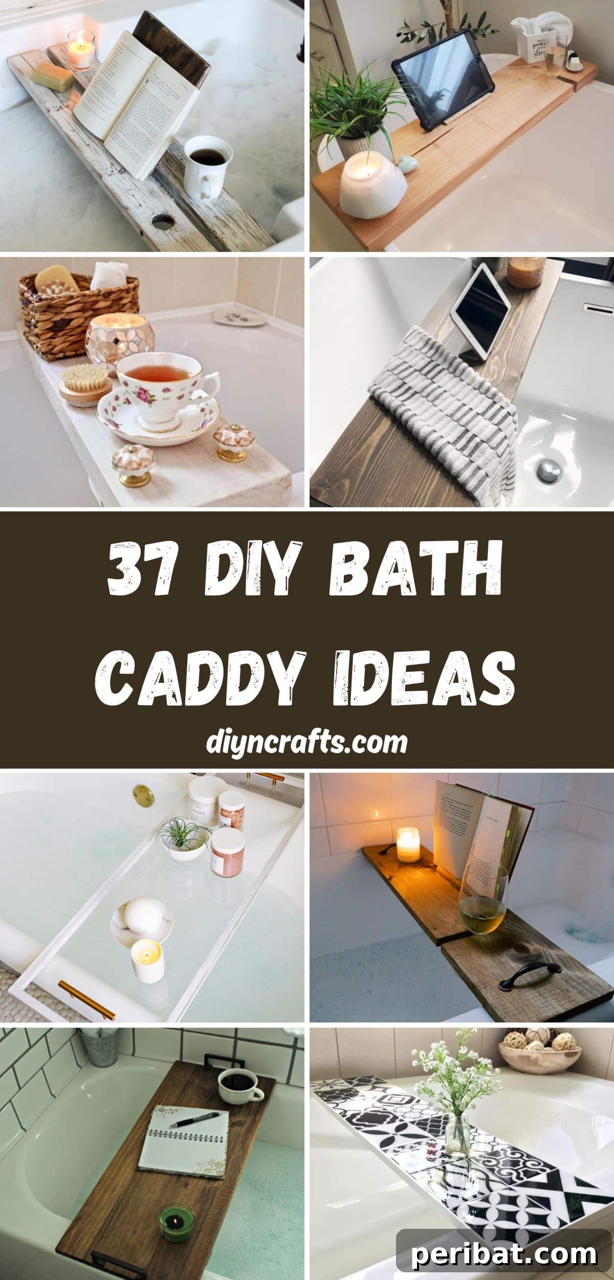 Crafted Bath Trays: Practical Elegance for Your Soak 2 37 DIY Bath Caddy Ideas collage.