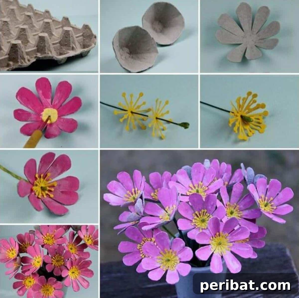 35 Mind-Blowing Creations from Empty Egg Cartons 11 A vibrant bouquet of distinctive flowers, creatively crafted from egg cartons and painted in various bright colors, arranged in a simple vase.