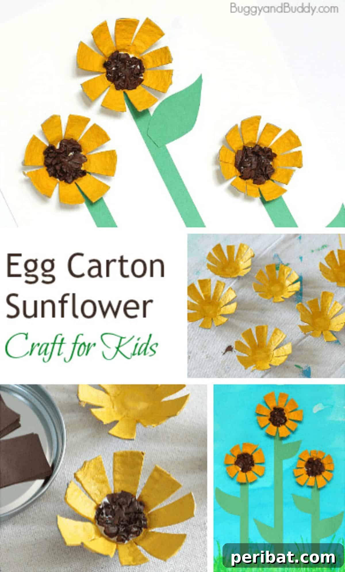 35 Mind-Blowing Creations from Empty Egg Cartons 13 Bright and cheerful sunflowers with brown centers and yellow petals, crafted from egg cartons by children, against a light background.