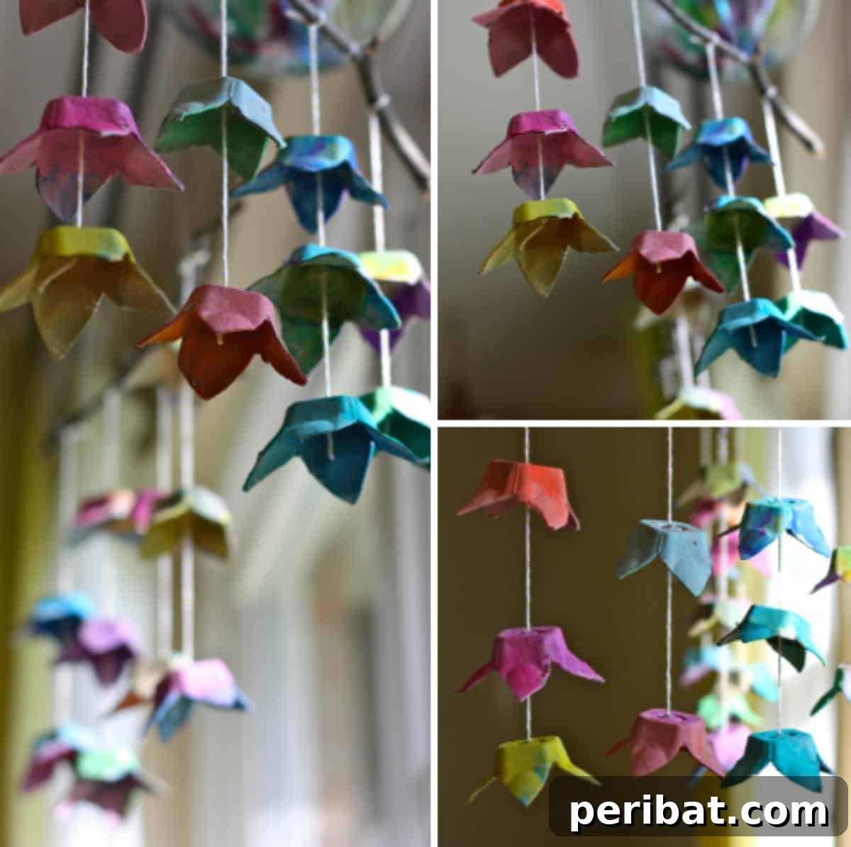 35 Mind-Blowing Creations from Empty Egg Cartons 15 A decorative string of brightly colored flowers, intricately cut from egg cartons, hanging vertically and catching the light.