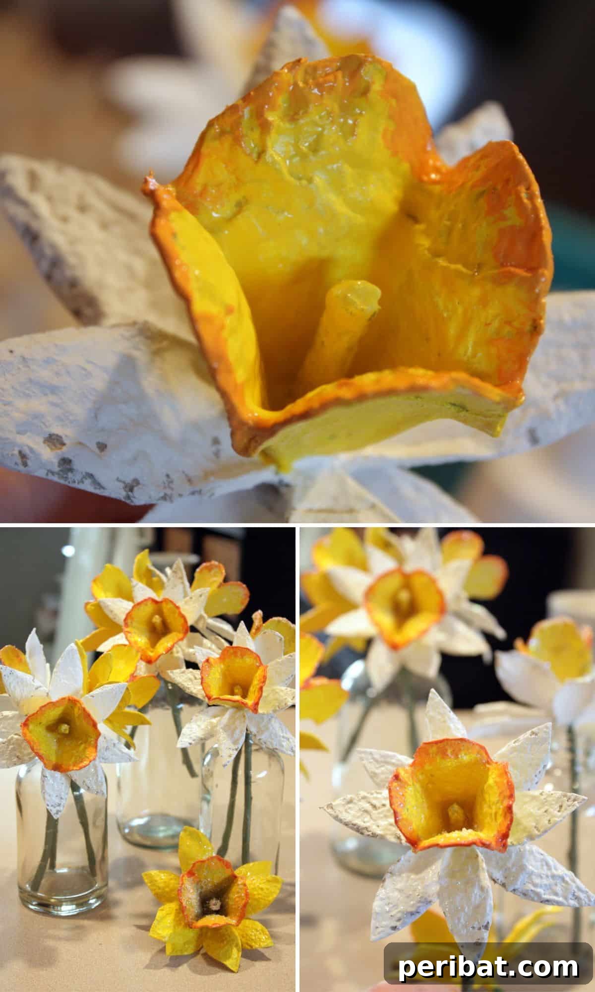 35 Mind-Blowing Creations from Empty Egg Cartons 17 Vibrant yellow daffodils with orange centers, meticulously crafted from egg cartons and enhanced with glitter, creating a cheerful display.