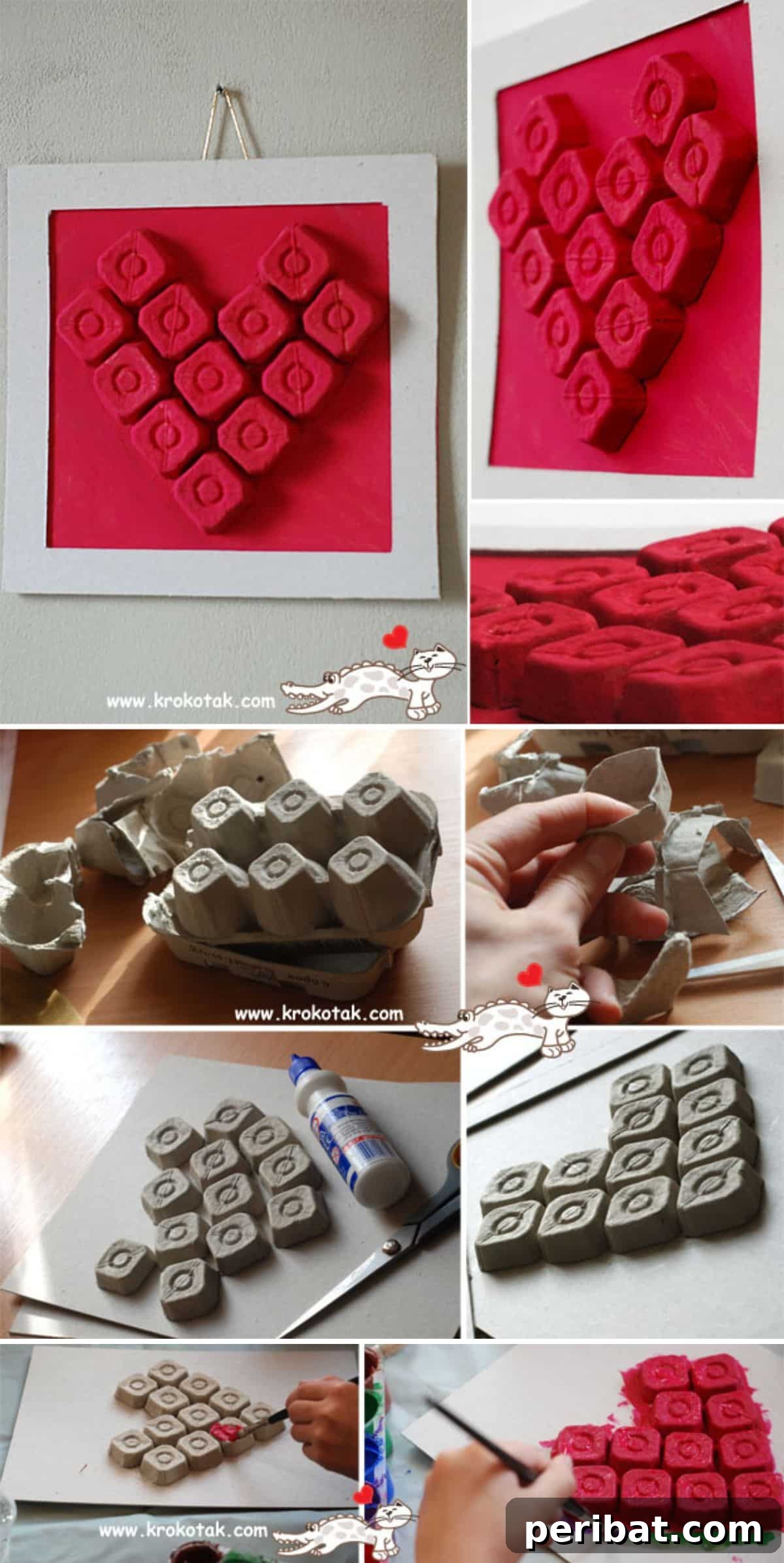 35 Mind-Blowing Creations from Empty Egg Cartons 21 A unique piece of wall art featuring a heart shape formed by individual painted egg carton cups, creating a textured 3D effect.
