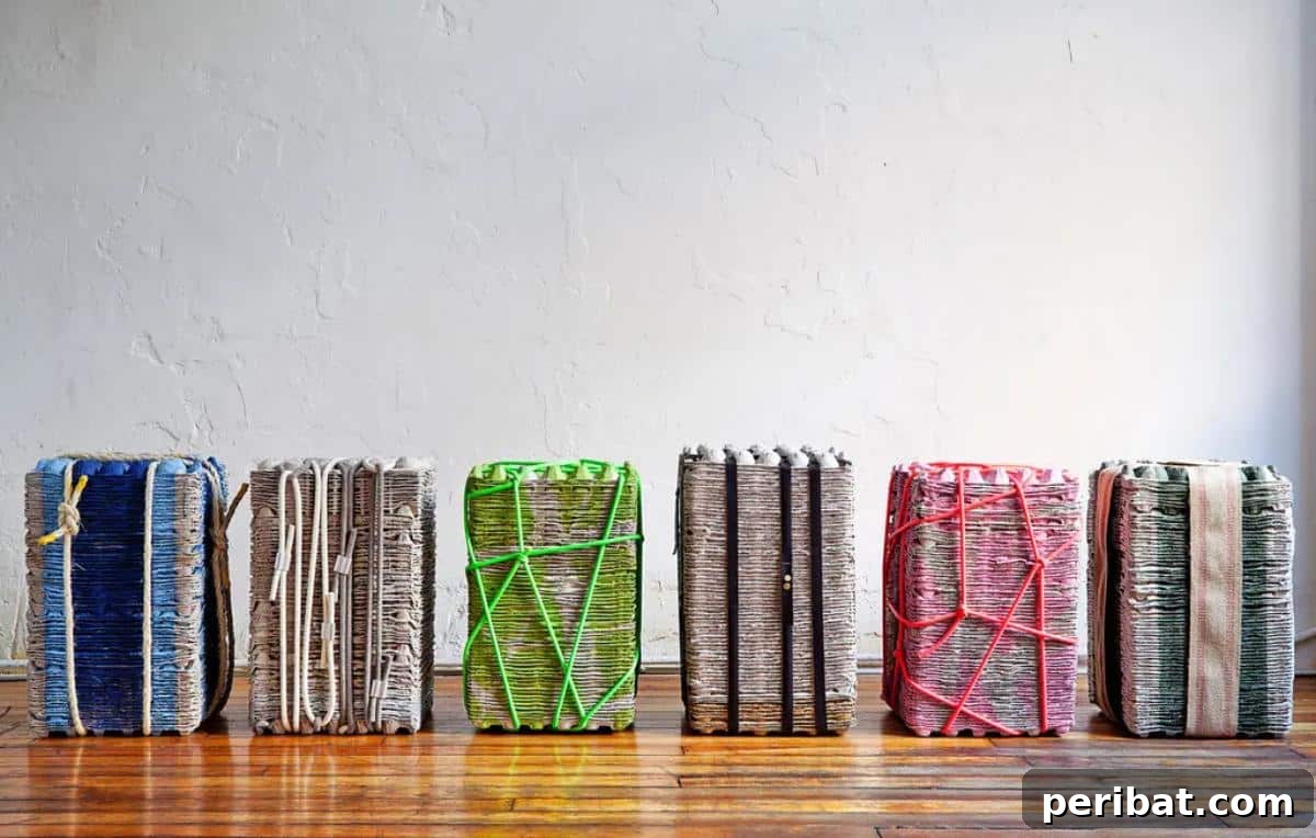 35 Mind-Blowing Creations from Empty Egg Cartons 23 A stack of brightly painted, industrial-sized egg trays repurposed into quirky, functional stools, showcasing sustainable furniture design.