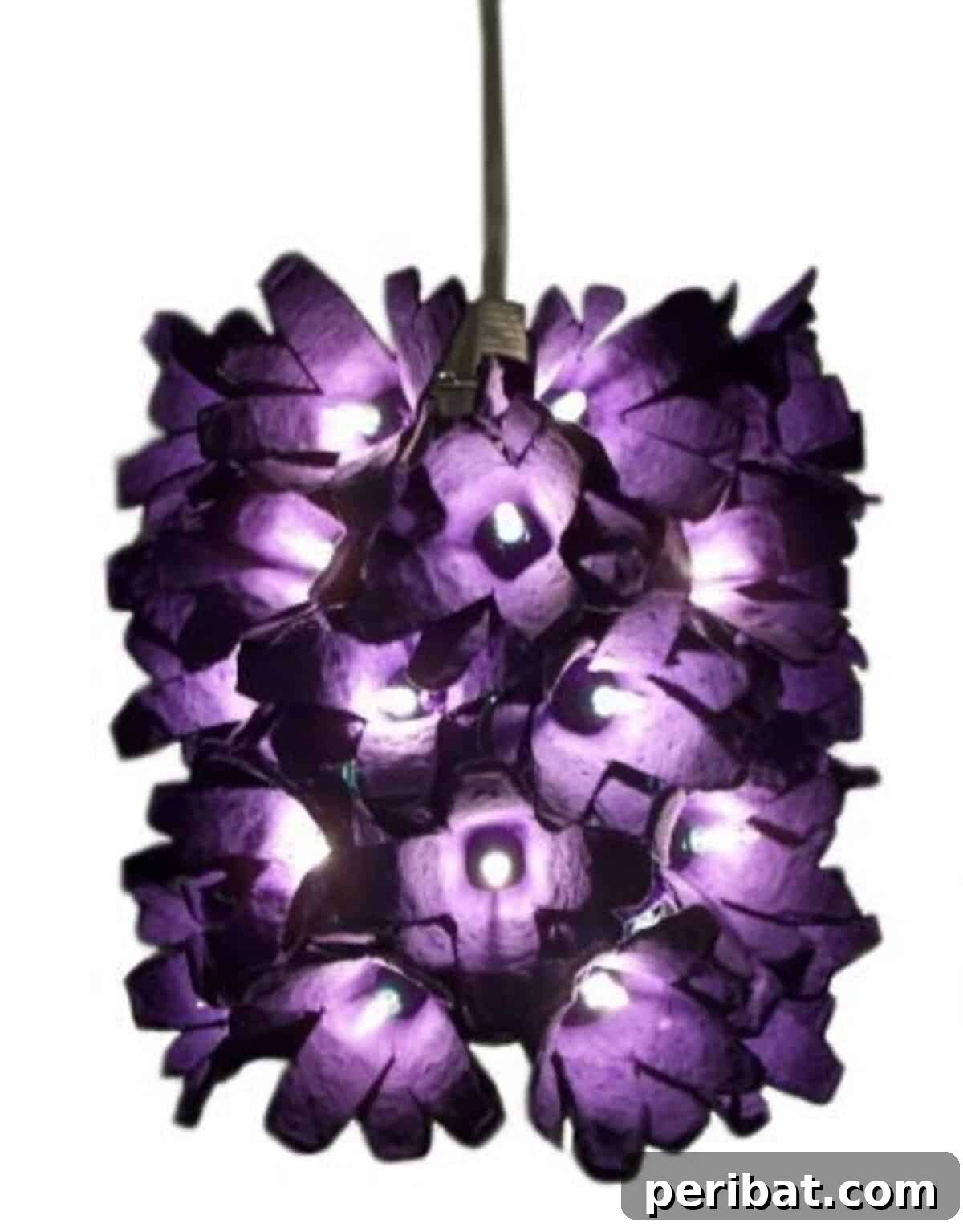 35 Mind-Blowing Creations from Empty Egg Cartons 24 A breathtaking cylindrical hanging lamp, intricately adorned with white egg carton flowers, casting a soft, ambient light.