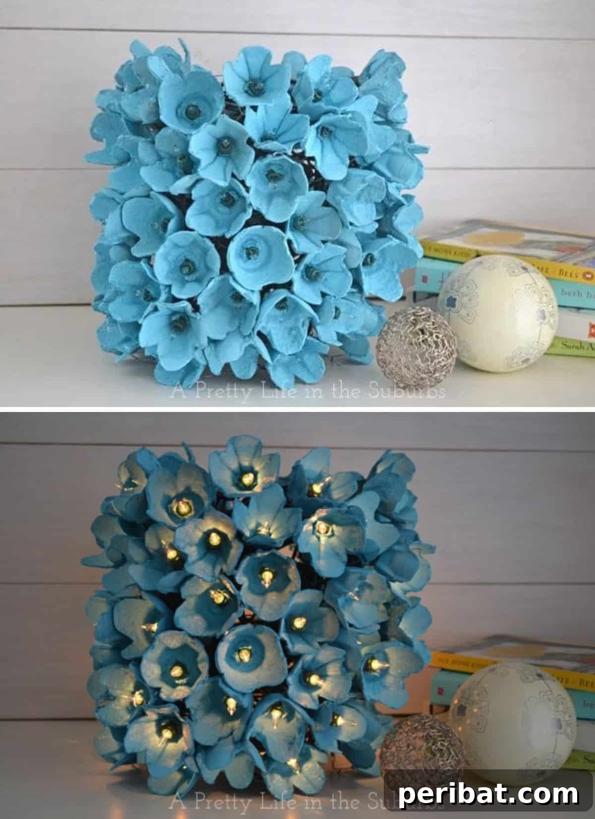 35 Mind-Blowing Creations from Empty Egg Cartons 25 A distinct cylindrical hanging lamp adorned with differently shaped and colored egg carton flowers, demonstrating versatile design possibilities.