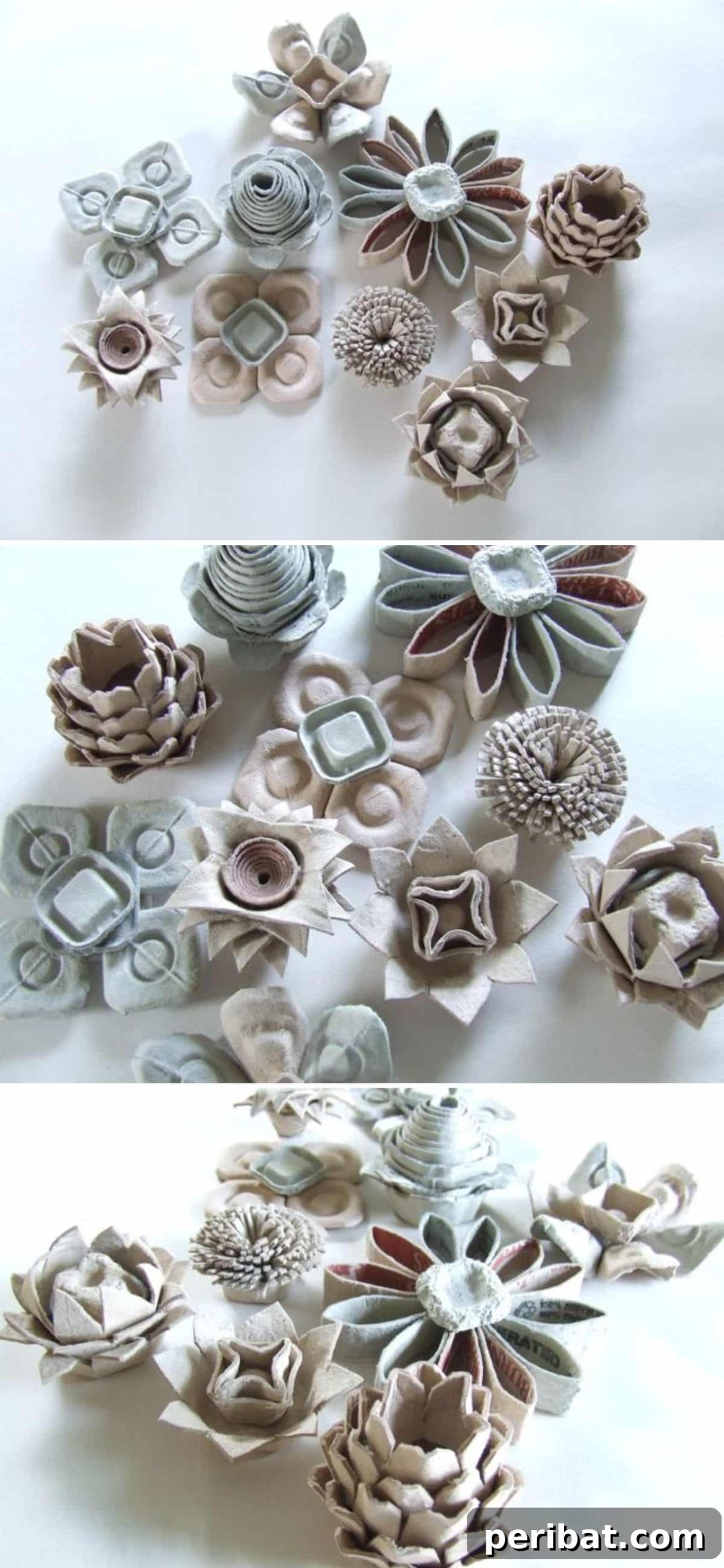 35 Mind-Blowing Creations from Empty Egg Cartons 27 A diverse collection of avant-garde flowers, each uniquely sculpted and painted from egg cartons, showcasing inventive designs.