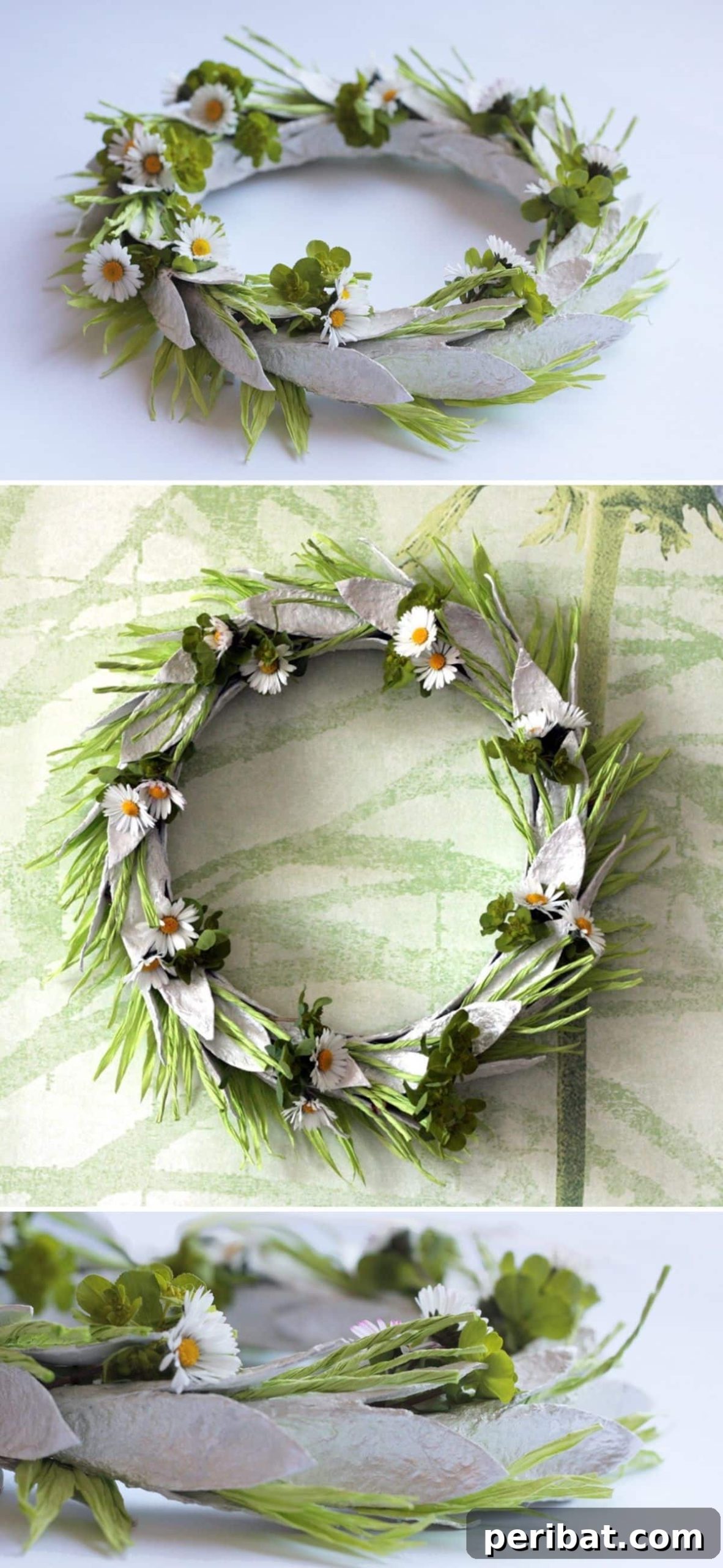 35 Mind-Blowing Creations from Empty Egg Cartons 28 An elegant Easter wreath adorned with white egg carton leaves, green twine, and delicate artificial flowers, creating a fresh spring look.