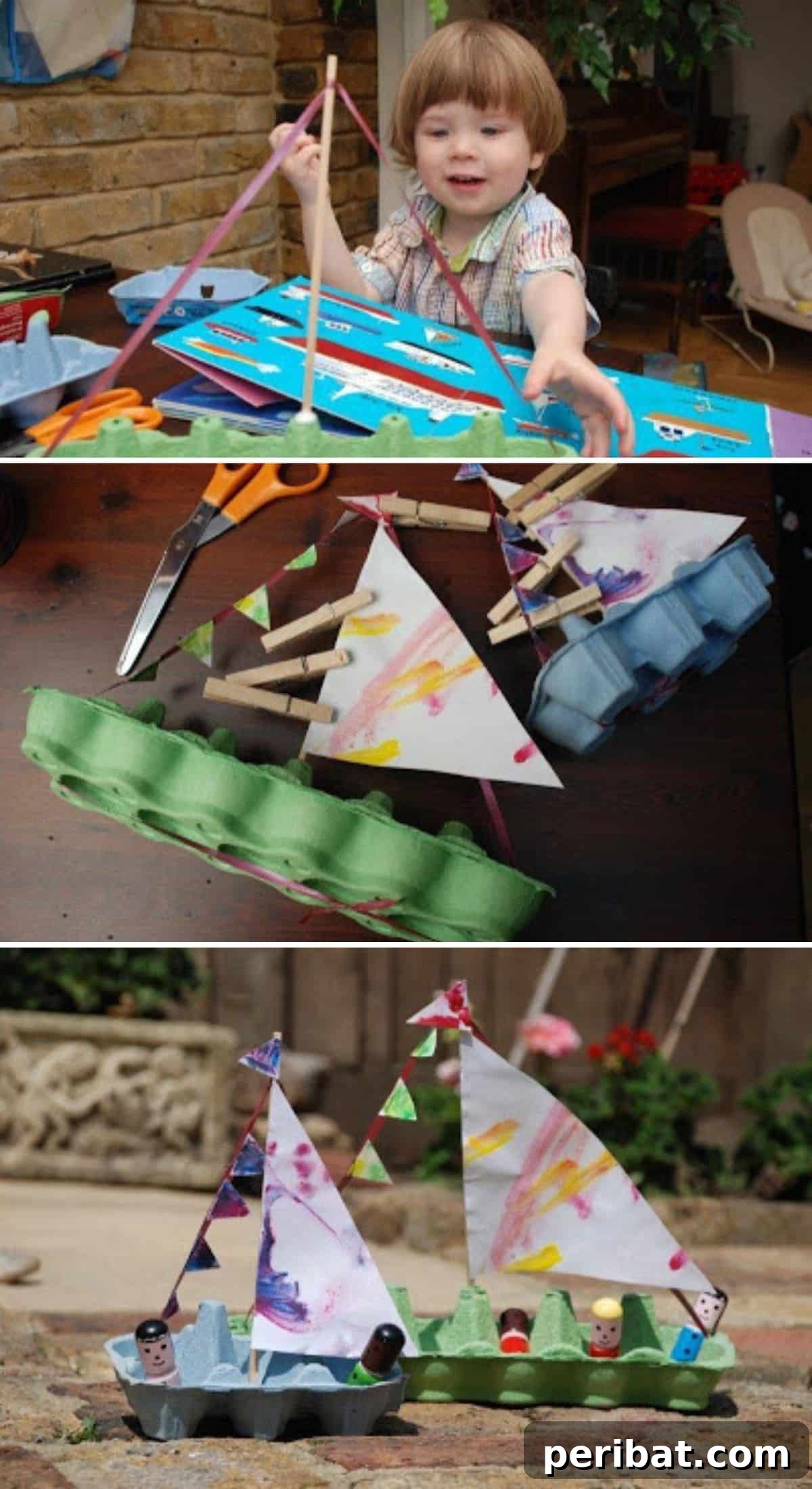 35 Mind-Blowing Creations from Empty Egg Cartons 32 A collection of colorful miniature boats, each cleverly crafted from an egg carton cup with a mast and sail, floating on water.