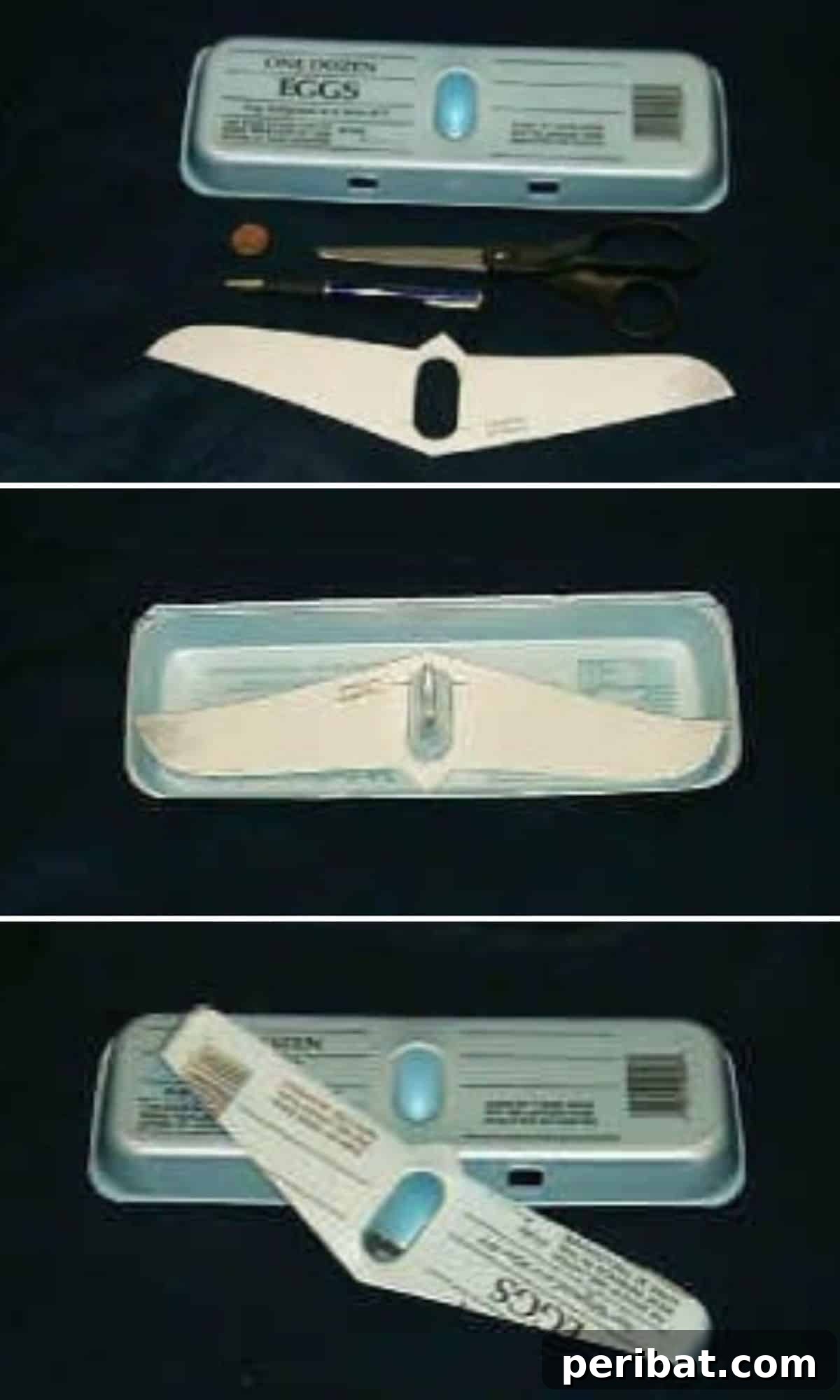 35 Mind-Blowing Creations from Empty Egg Cartons 34 A simple yet functional glider aircraft, ingeniously crafted from a white styrofoam egg carton, with paper wings and tail fins.
