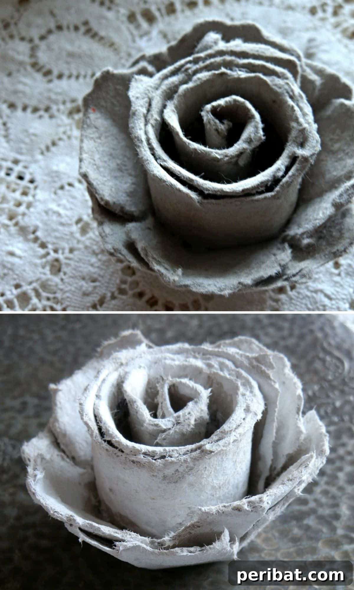 35 Mind-Blowing Creations from Empty Egg Cartons 5 Close-up of an elegant, textured rose meticulously crafted from a recycled egg carton, showcasing intricate petals and natural detail.