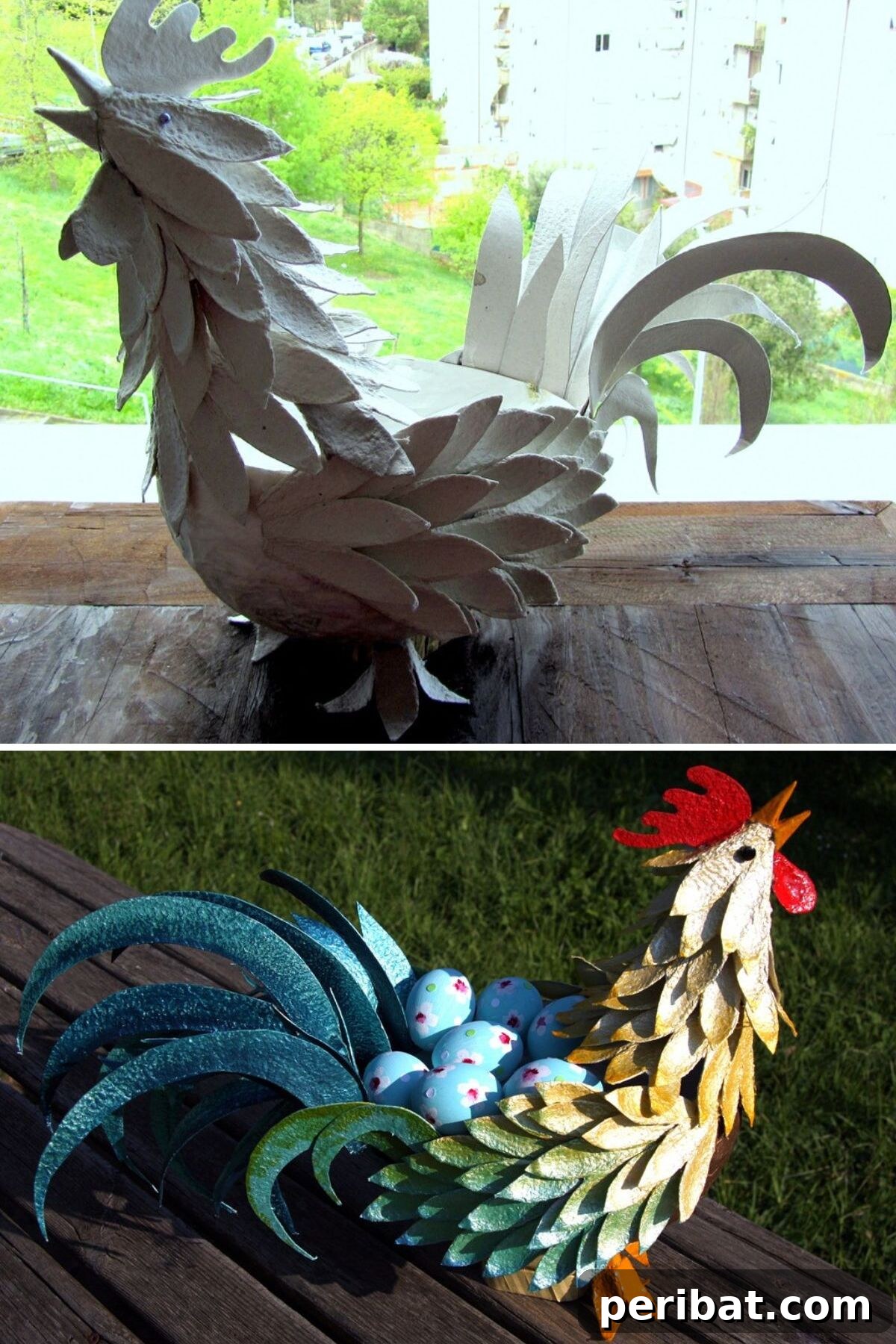 35 Mind-Blowing Creations from Empty Egg Cartons 8 A majestic rooster sculpture, intricately crafted from painted egg cartons, featuring vibrant, gradient-colored 'feathers' and a proud stance.