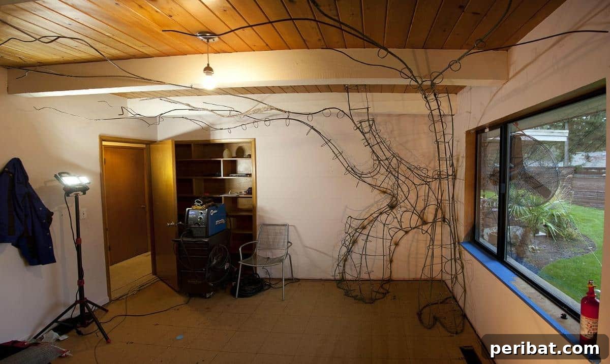 Dad Builds a Magical Indoor Tree, Turning Daughter's Bedroom Into a Dreamland 19 Detailed steel skeleton of the tree, built with perfectionism