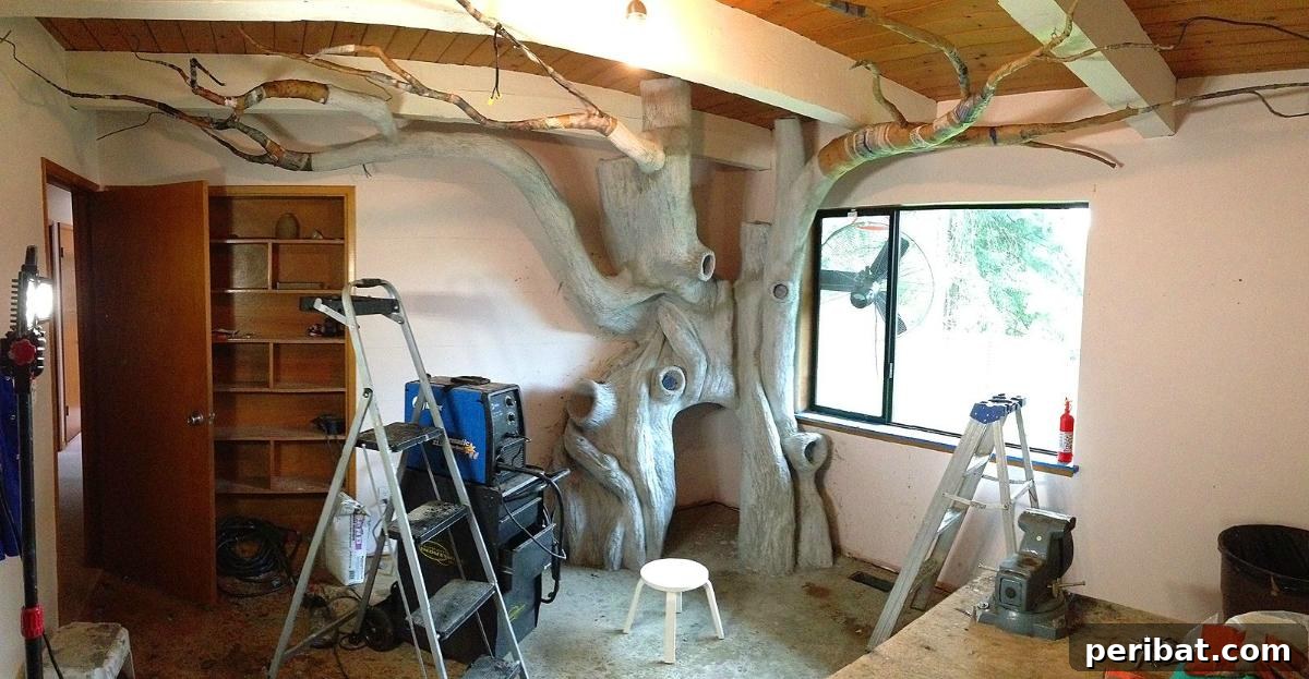 Dad Builds a Magical Indoor Tree, Turning Daughter's Bedroom Into a Dreamland 26 Beginning the painting phase of the enchanted bedroom tree